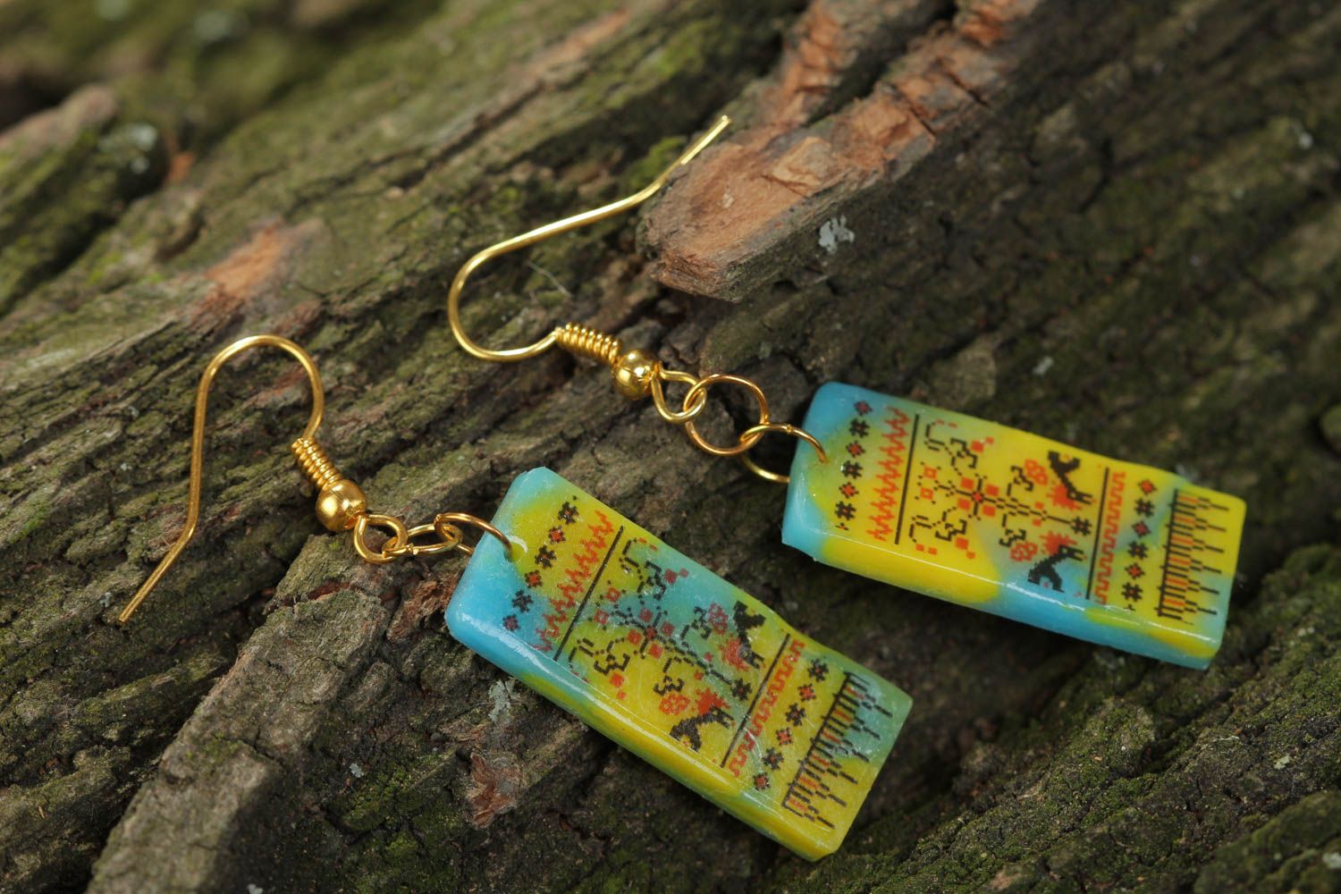 Handmade polymer clay earrings with Ukrainian symbolism yellow with blue photo 1