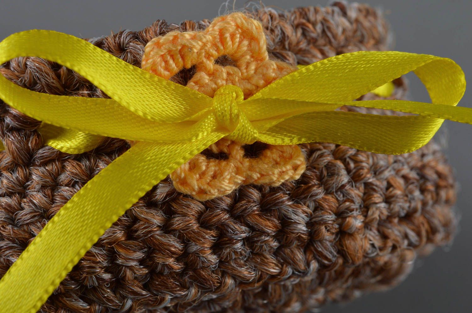 Handmade brown synthetic crocheted toy in the form of basket home decor photo 2