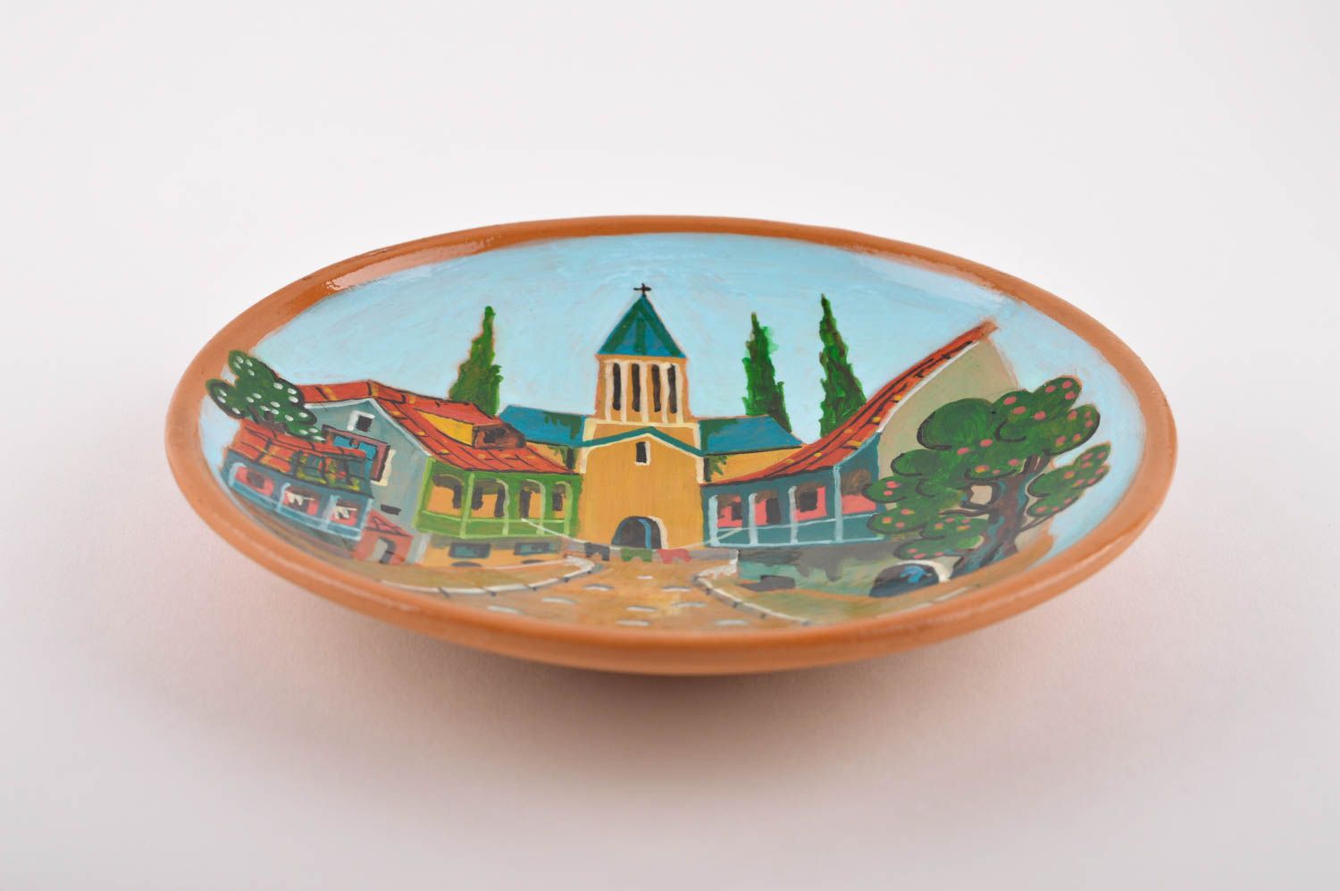 Керамическая тарелка ручной работы глиняная посуда расписная тарелка город фото 4
