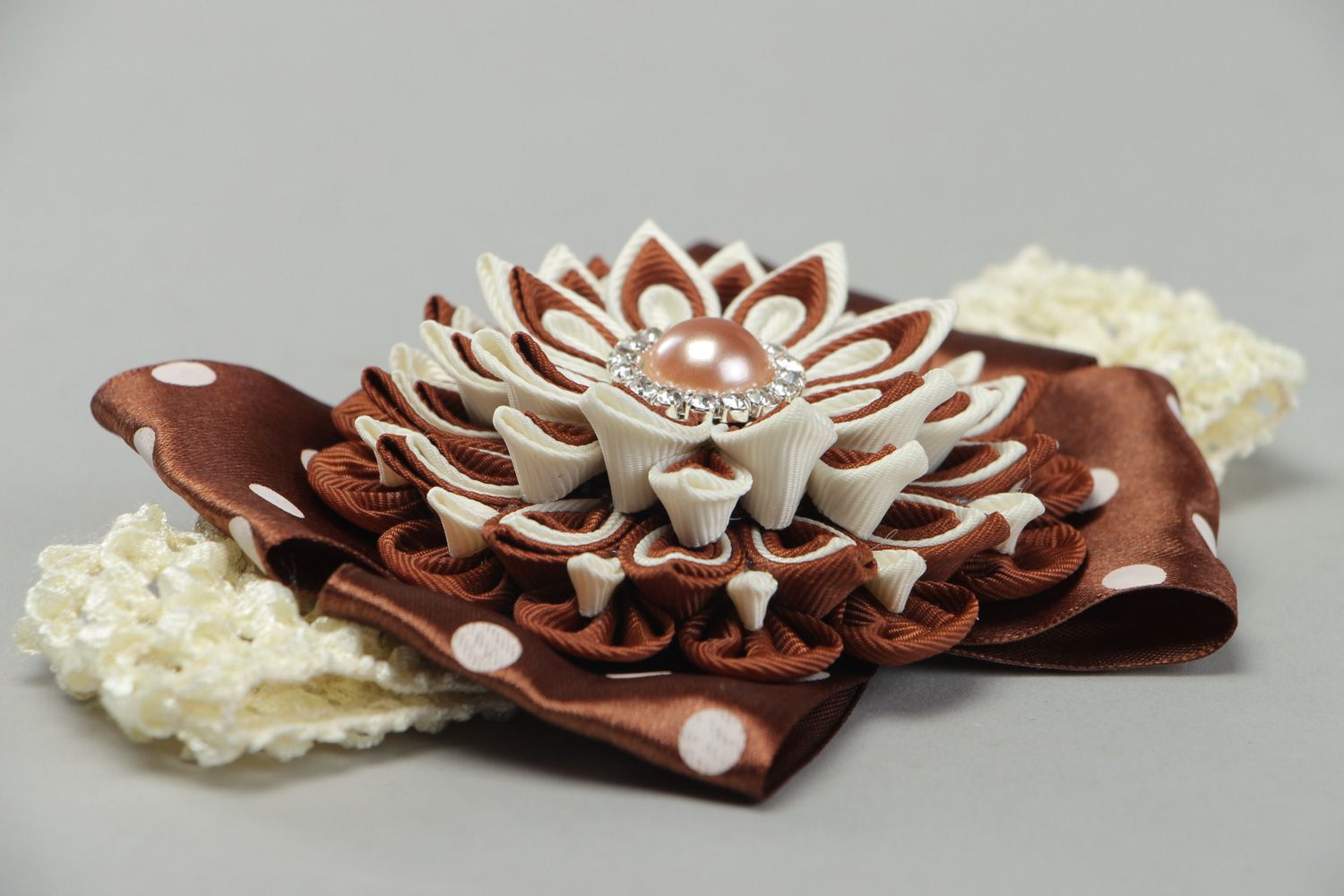 Designer handmade elastic headband with kanzashi flower of brown color  photo 2