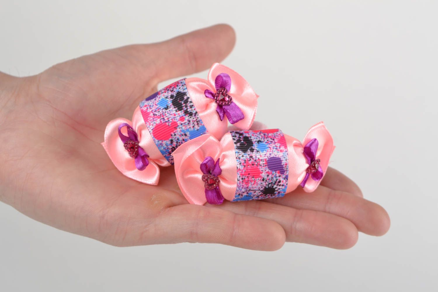 Handmade pink textile children's hair ties set 2 pieces Candies photo 2