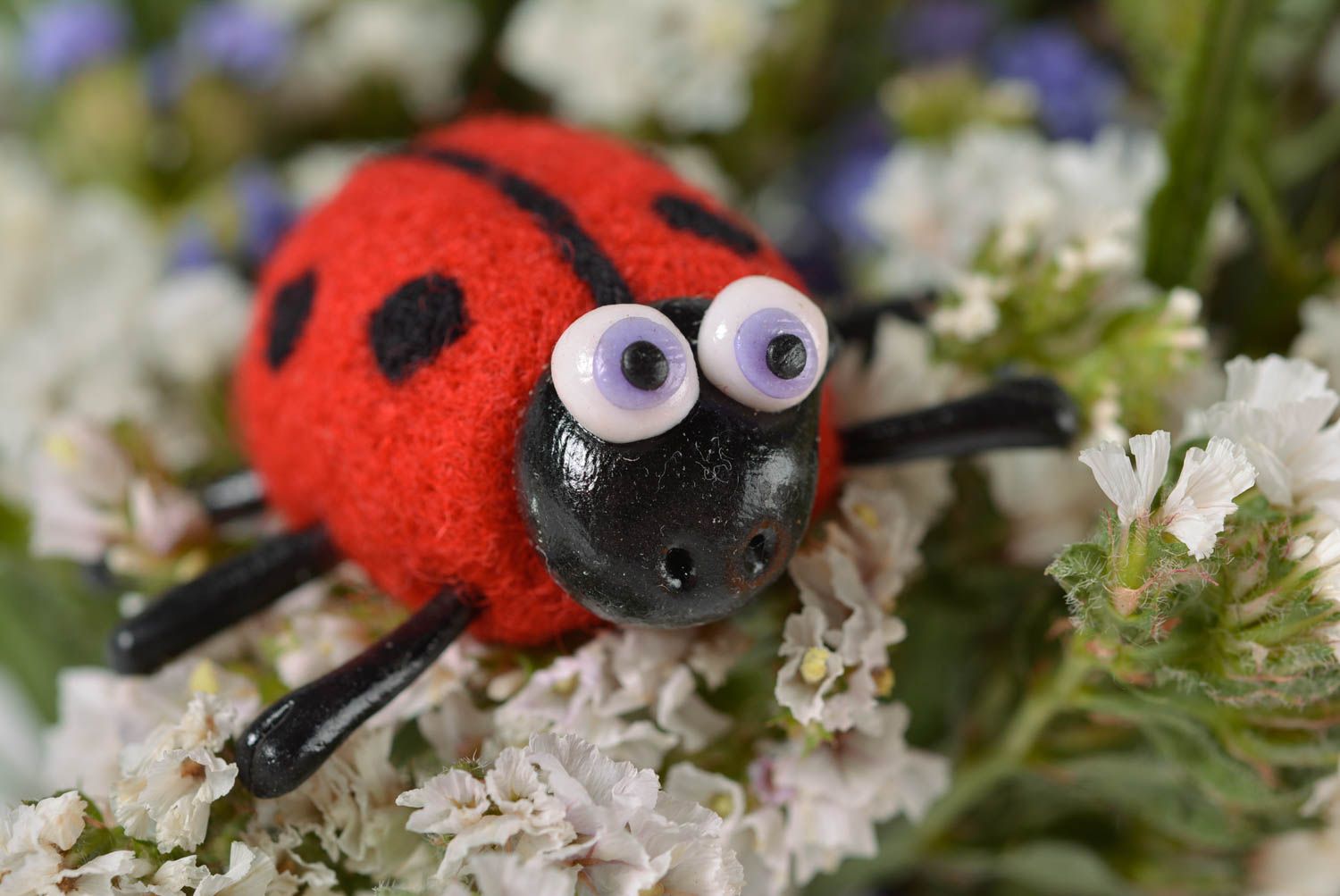 Handmade plastic toy ladybug designer figurine unusual woolen statuette photo 1