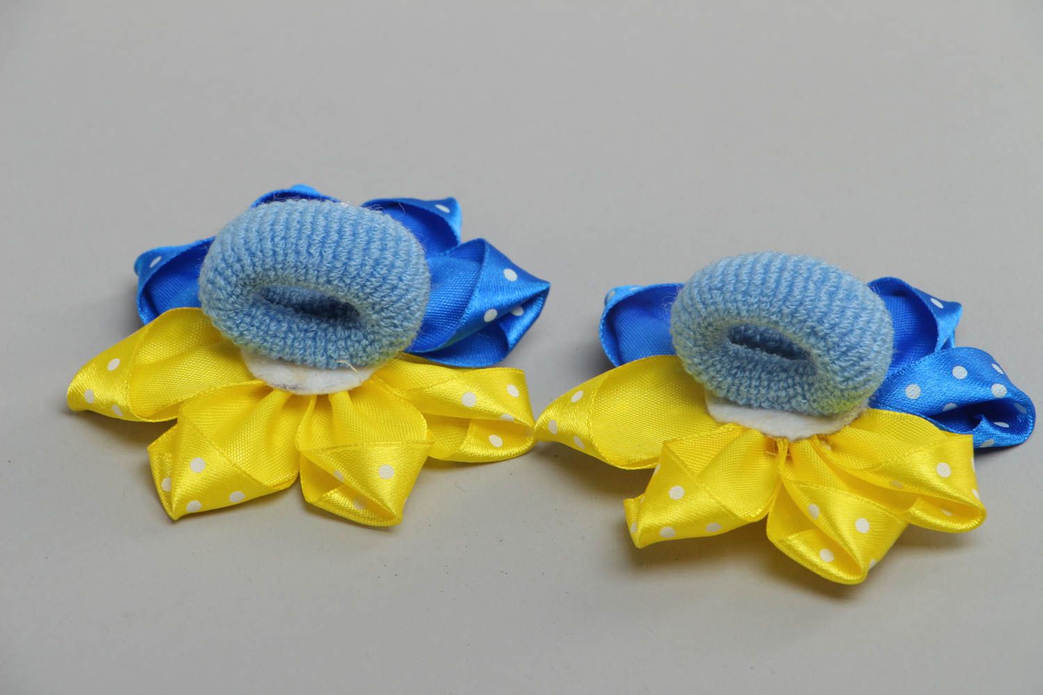 Handmade set of scrunchies made of satin ribbons yellow-blue flowers 2 pieces photo 4