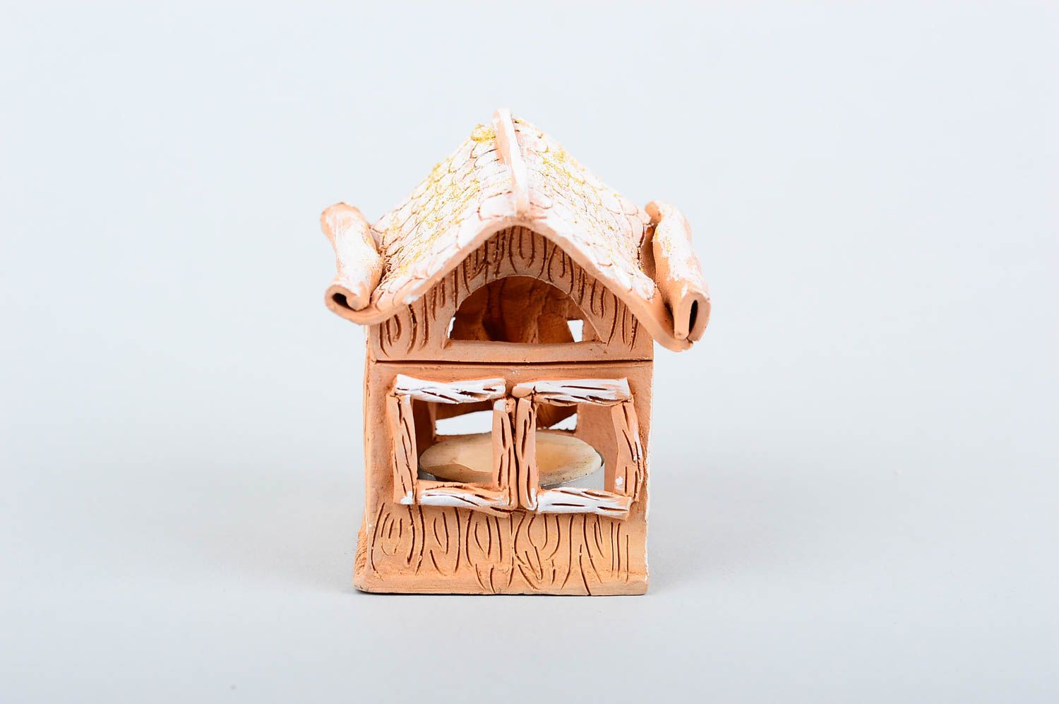 Deko Kerzenhalter handmade Haus Deko Kerzenhalter aus Ton bemalt kleine Hütte foto 4