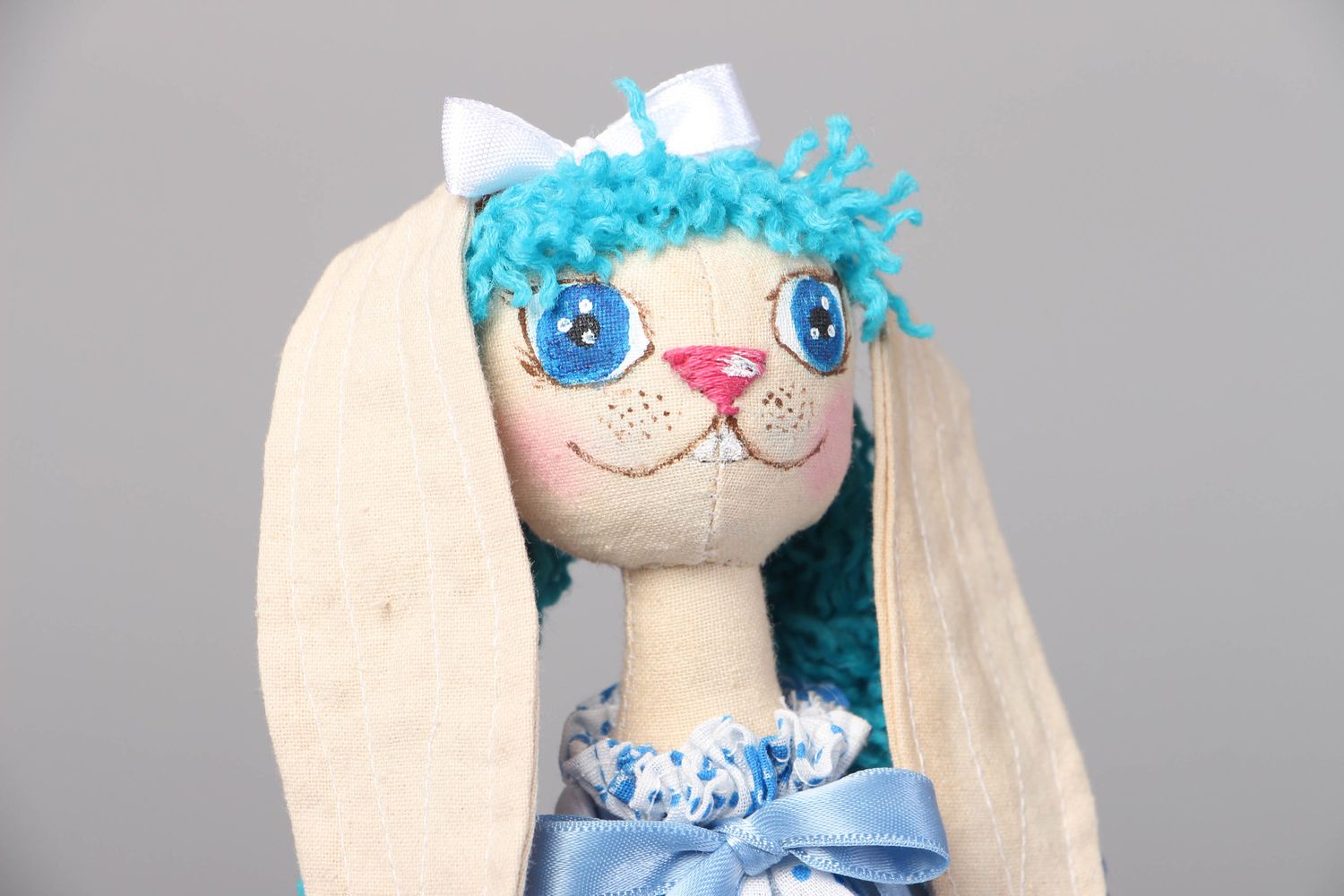 Soft fabric toy with holder Bunny in Blue photo 2