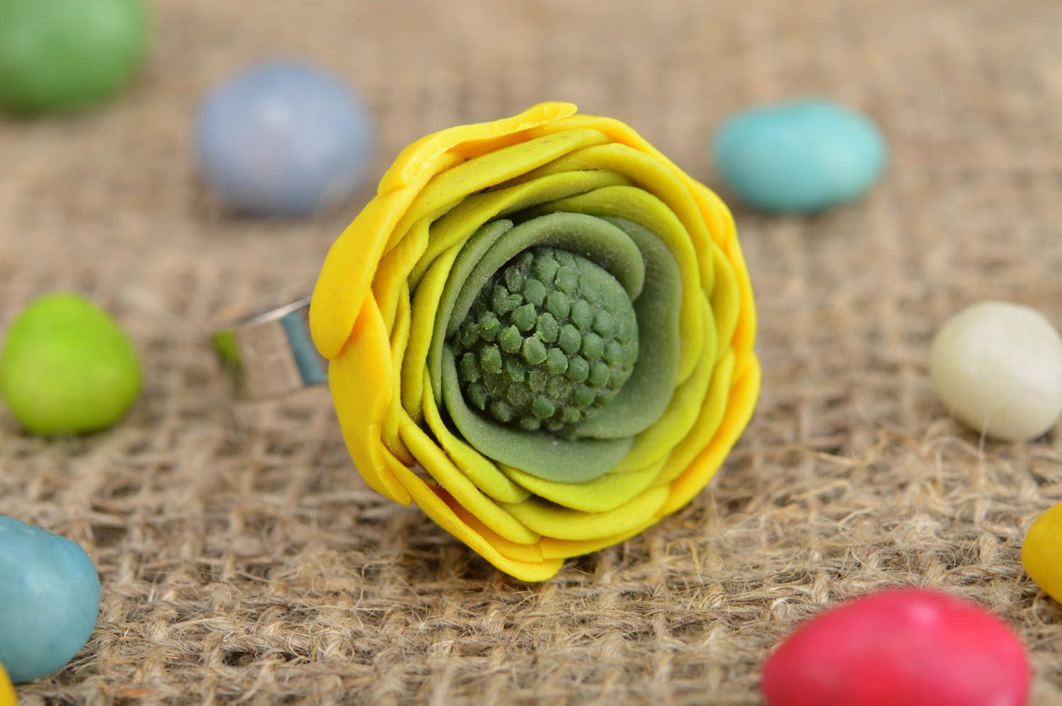 Handmade bright adjustable ring made of polymer clay in form of yellow peony photo 1