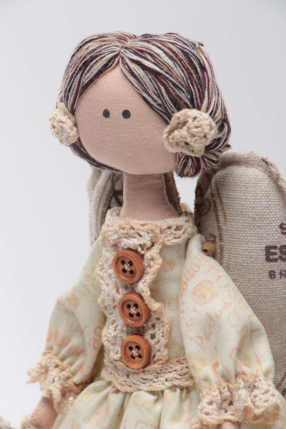 Handmade designer soft doll Angel sewn of linen and cotton in beige color shades photo 3