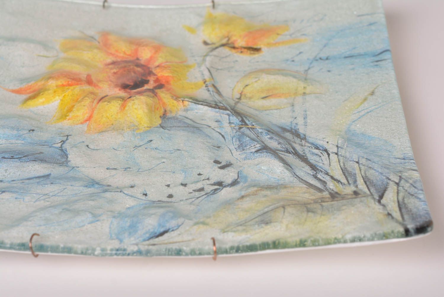 Стеклянная тарелка хэнд мэйд декор для дома панно на стену фреска Подсолнухи фото 4