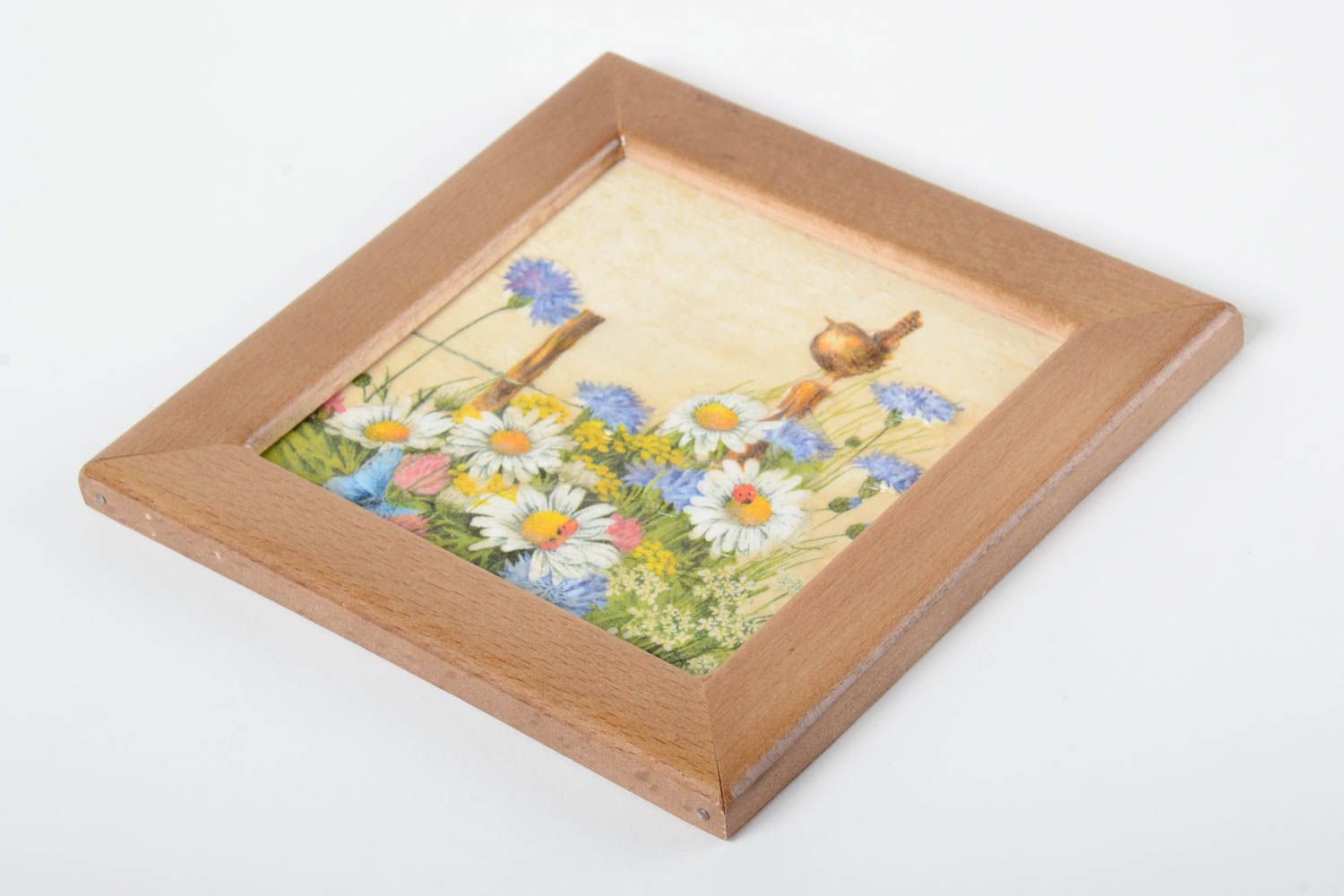 Petit Tableau carré en relief fait main fleurs et oiseau Décoration maison photo 2