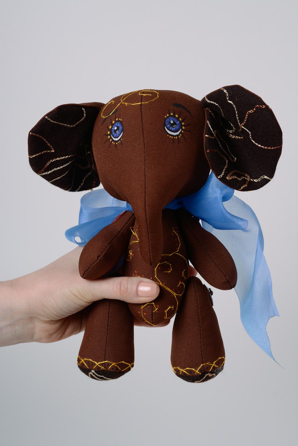 Handmade brown fabric soft toy elephant with bow and painting photo 5