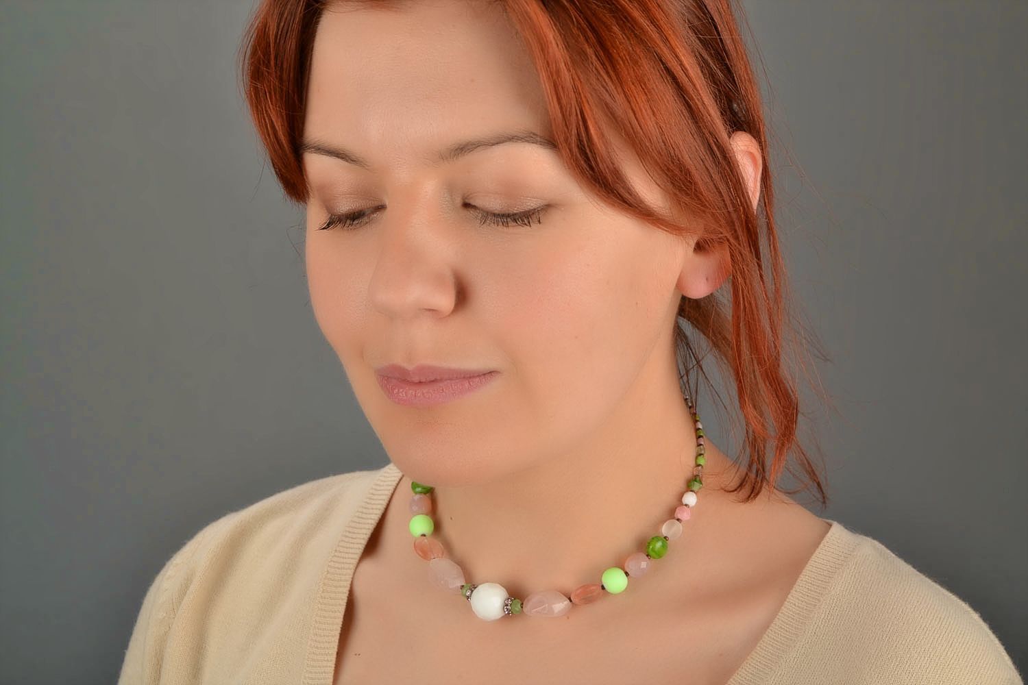 Pink necklace with natural stones quartz and agate handmade fancy jewelry photo 1