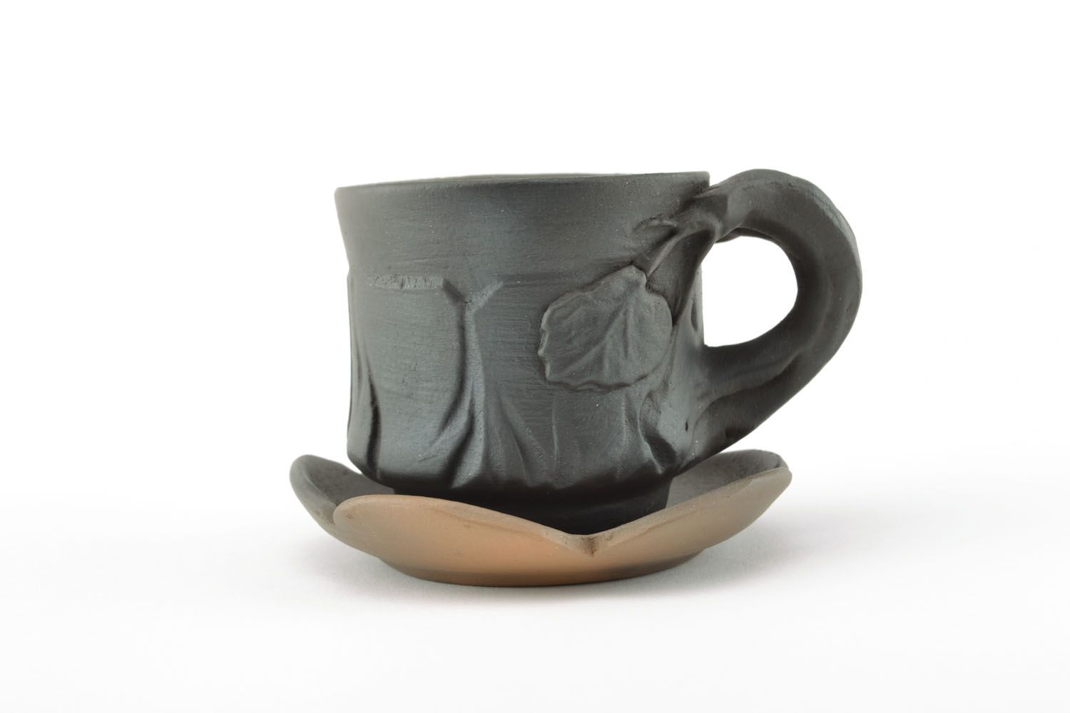 Black clay, not glazed drinking cup with saucer photo 1