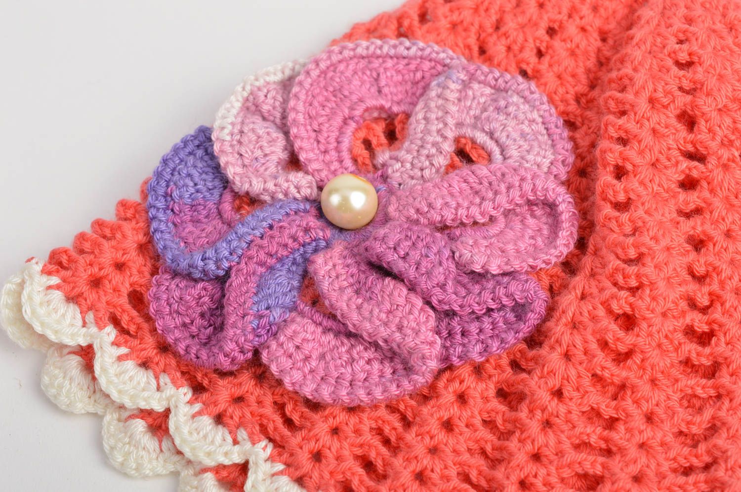 Crocheted peach colored cap handmade flower hats cute children accessories photo 5