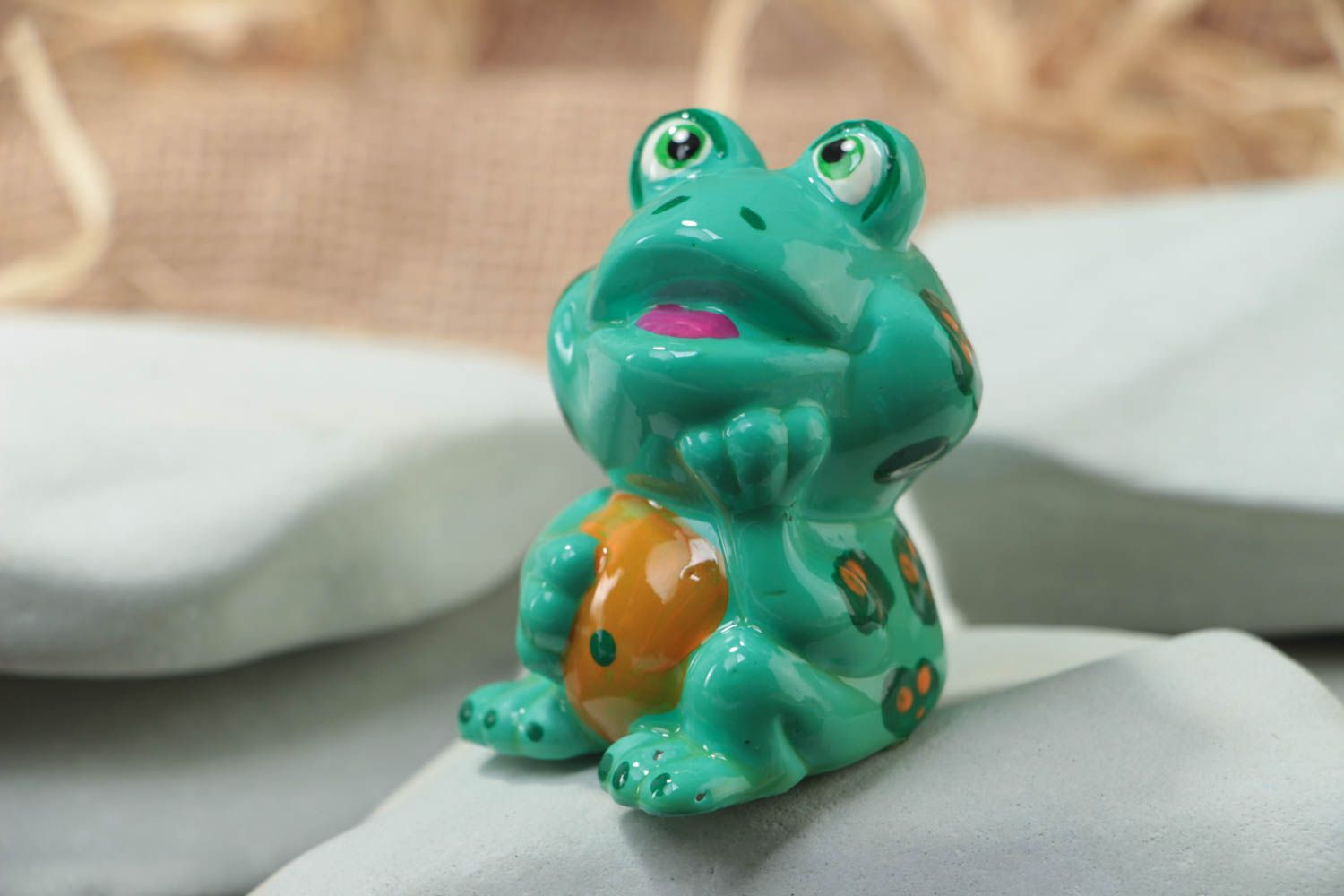 Beautiful handmade designer plaster statuette painted with acrylics green frog photo 1