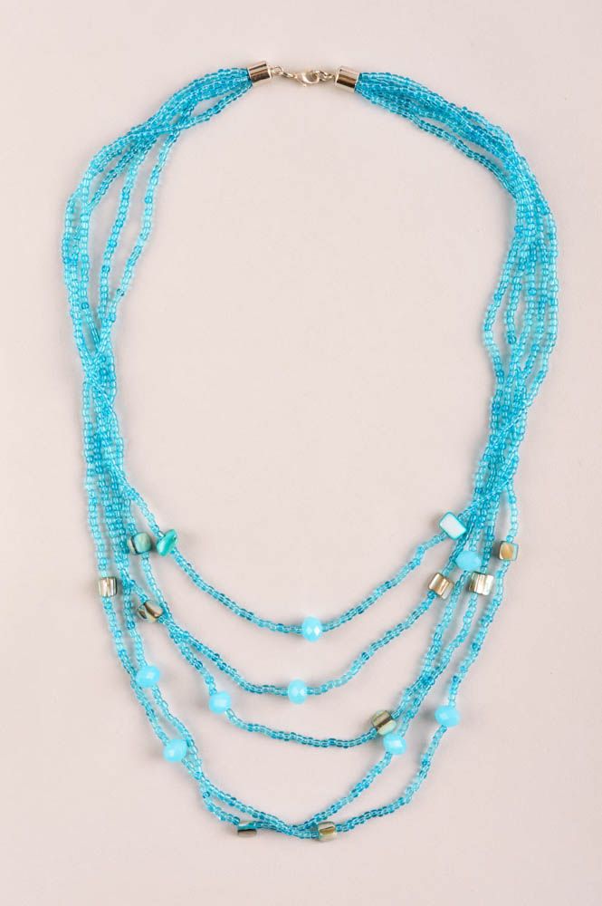 Колье из бисера украшение ручной работы голубое многорядное ожерелье из бисера фото 2