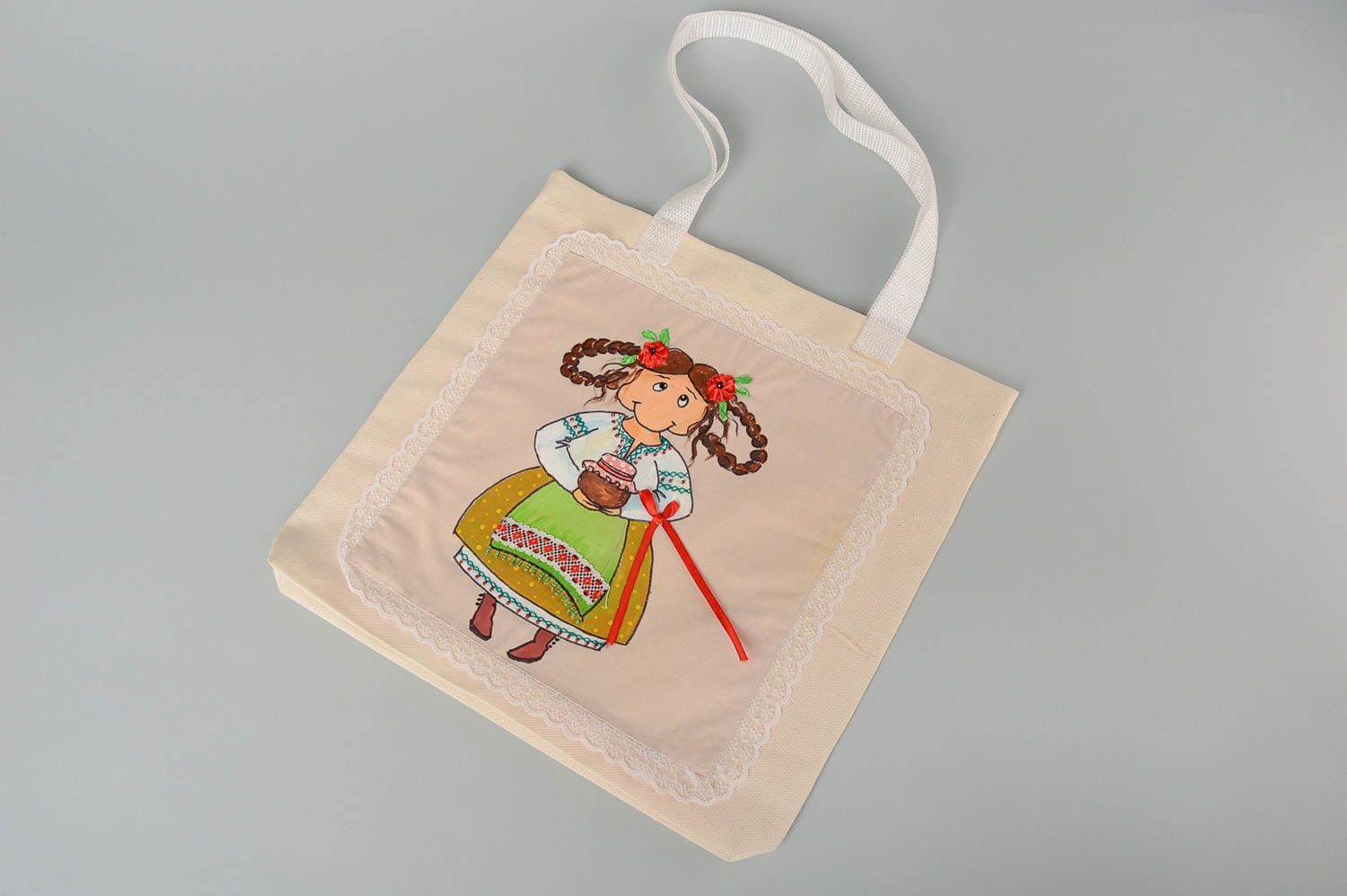 Handmade textile bag with painting designer large bag fabric handbag for women photo 2