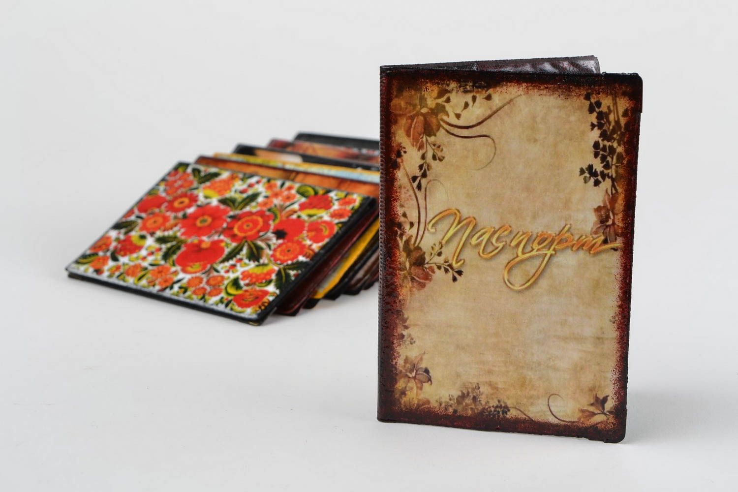 Handmade brown faux leather passport cover with decoupage in retro style photo 1