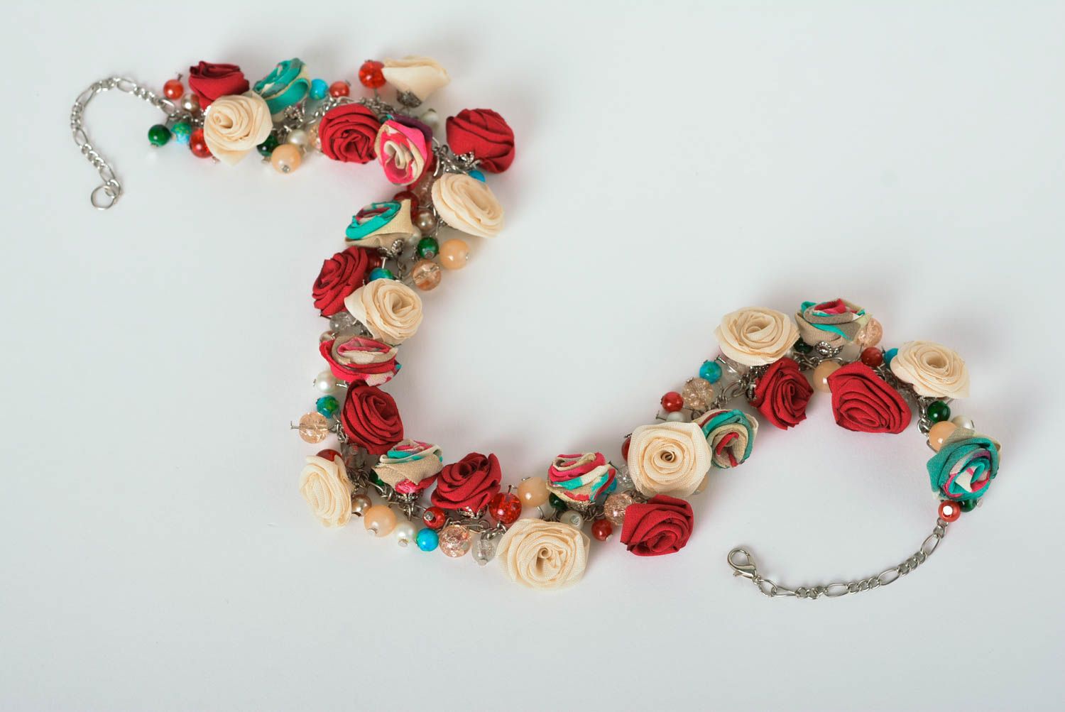 Handmade textile necklace unusual flower necklace beaded elegant accessory photo 5