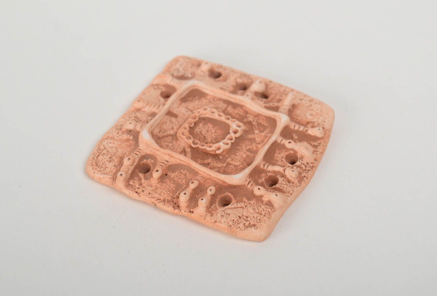 Handmade ceramic jewelry component with relief pattern for necklace making photo 4