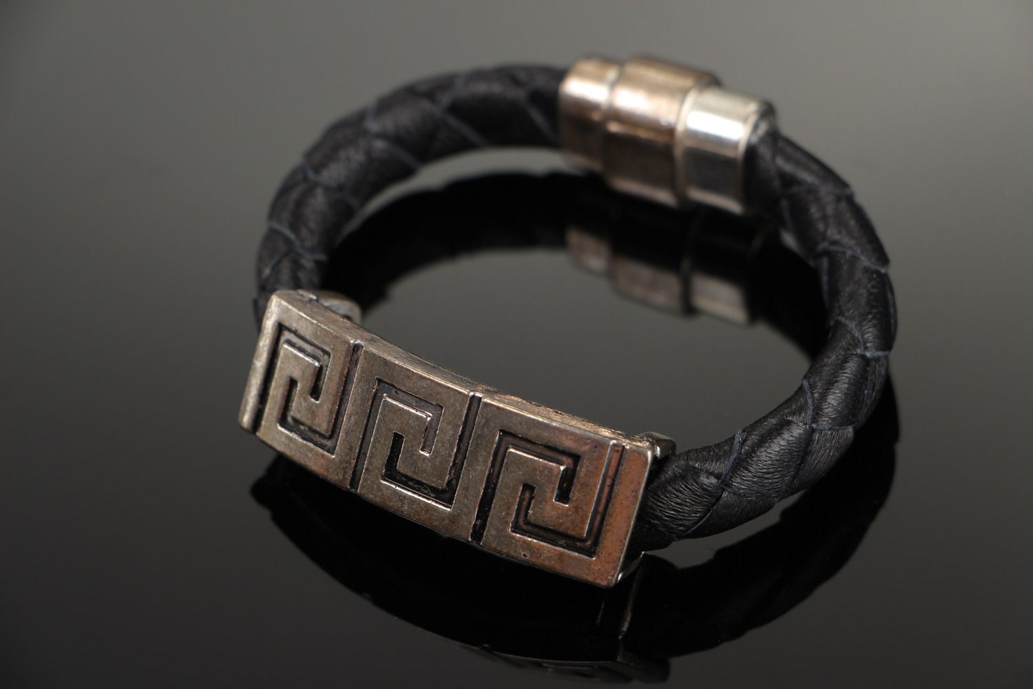 Handmade woven genuine leather bracelet with metal charm unisex photo 1