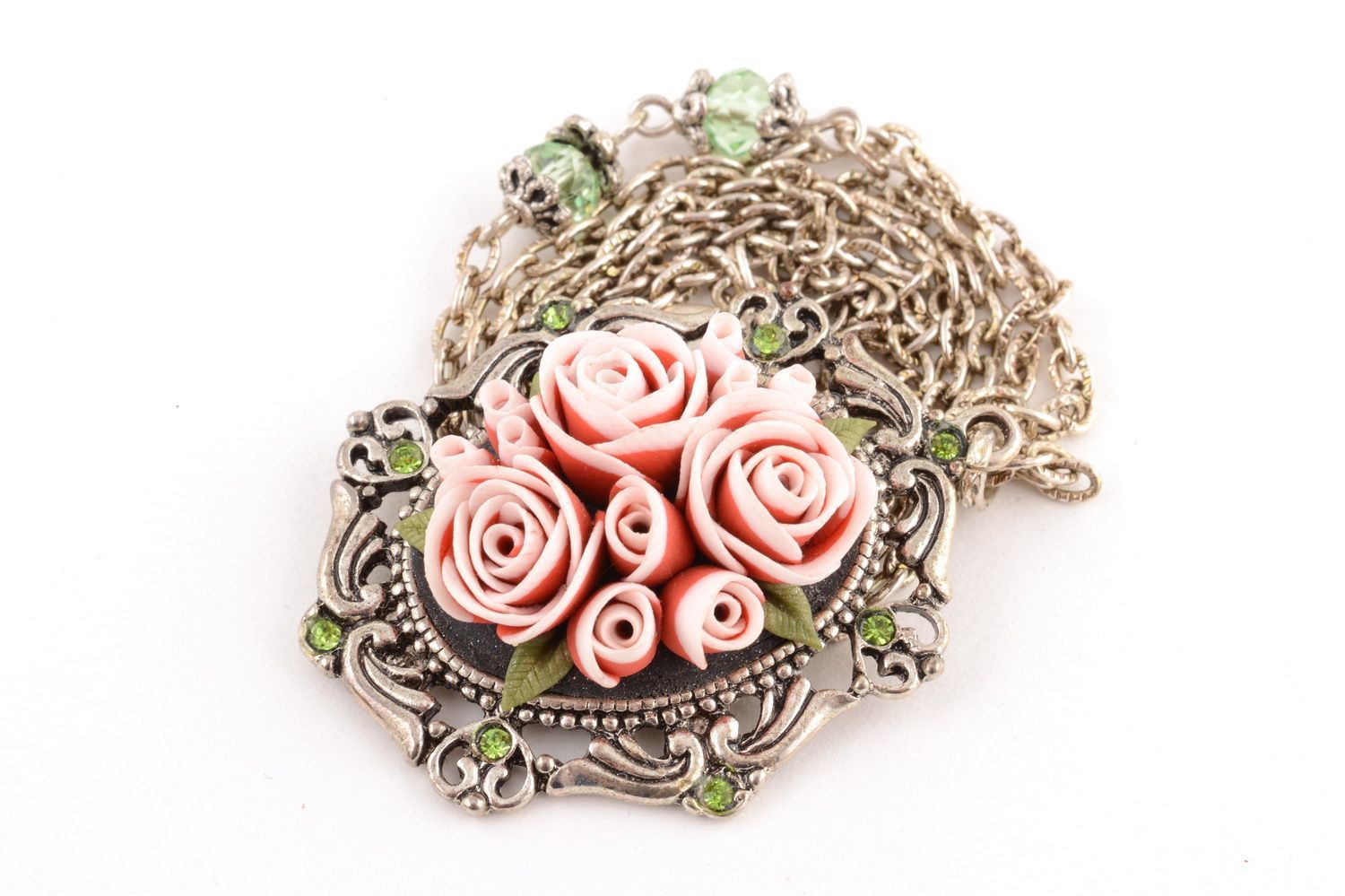 Handmade stylish pendant made of polymer clay on chain with volume roses photo 4