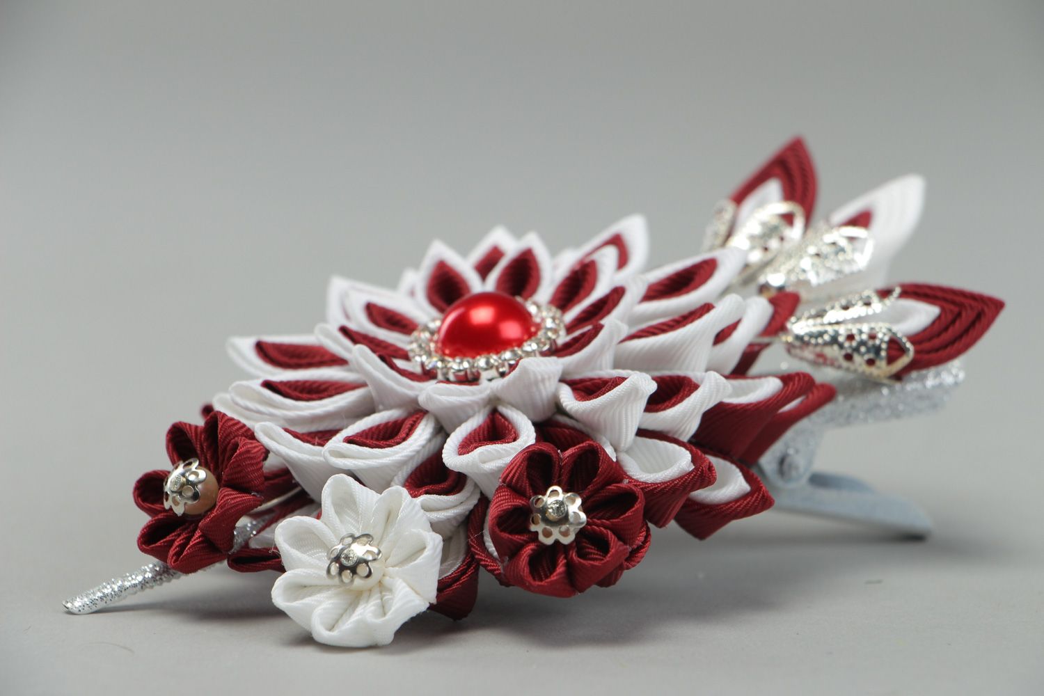 Handmade red and white designer hair clip with rep ribbon kanzashi flower  photo 2