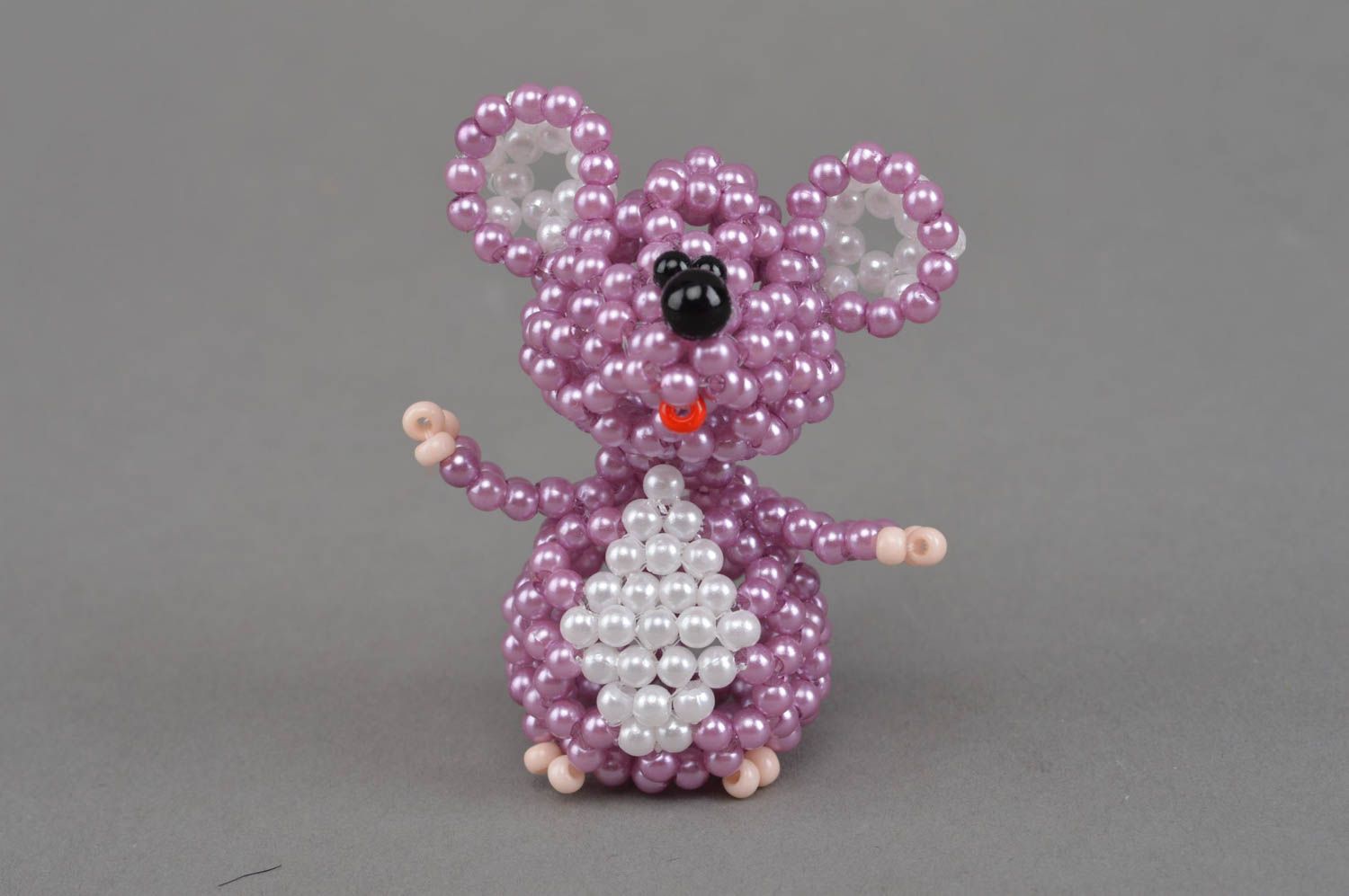 Handmade designer small collectible figurine woven of beads violet mouse photo 2
