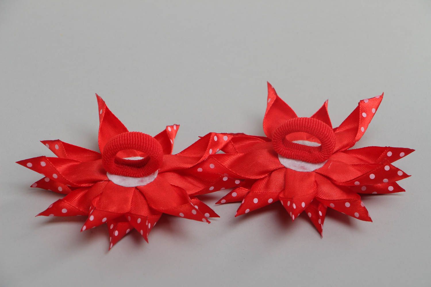 A set of 2 unique handmade hair ties made of red satin ribbon in the form of flowers photo 4