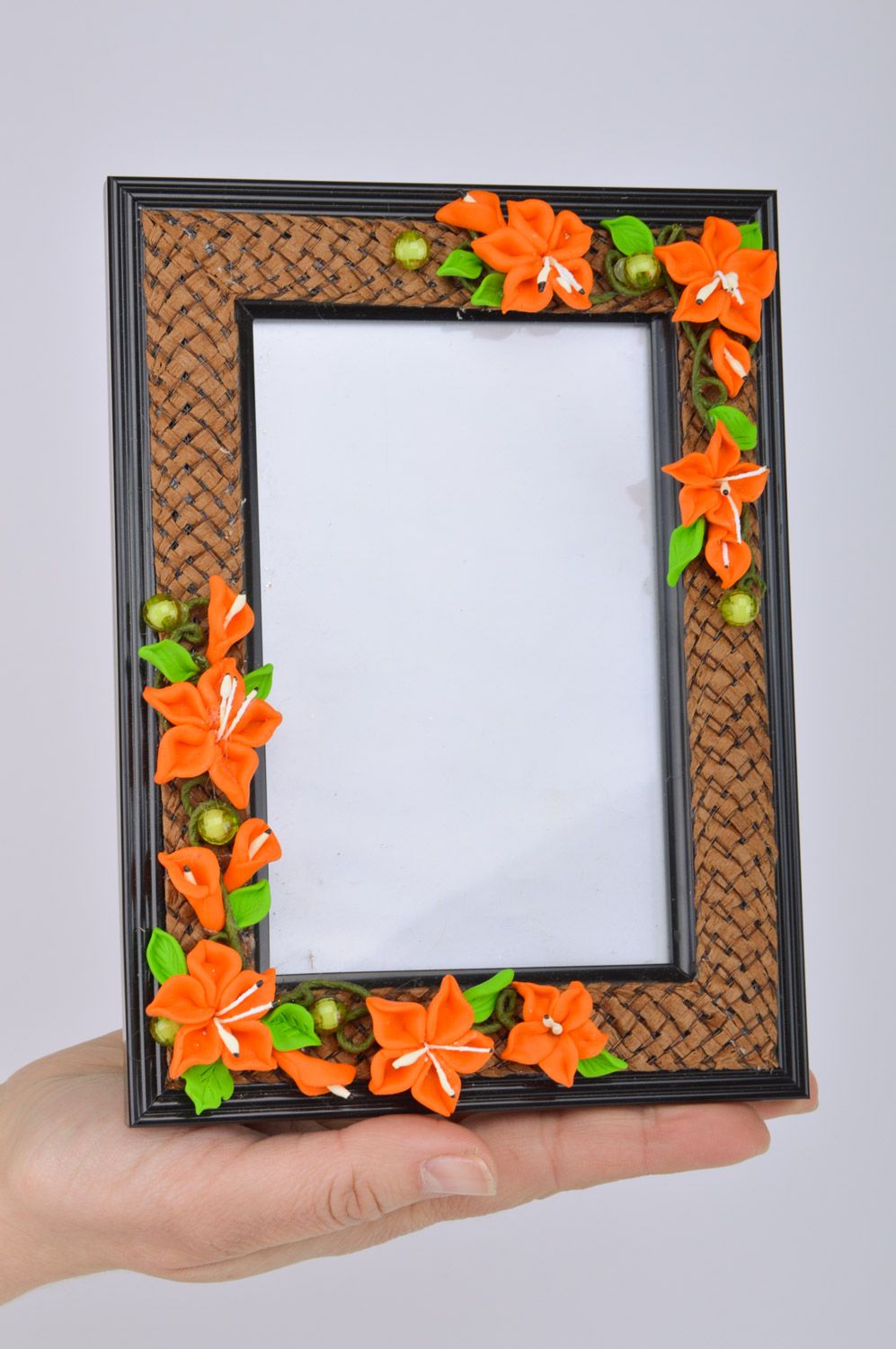 Handmade woven rectangular photo frame with polymer clay flowers  photo 3