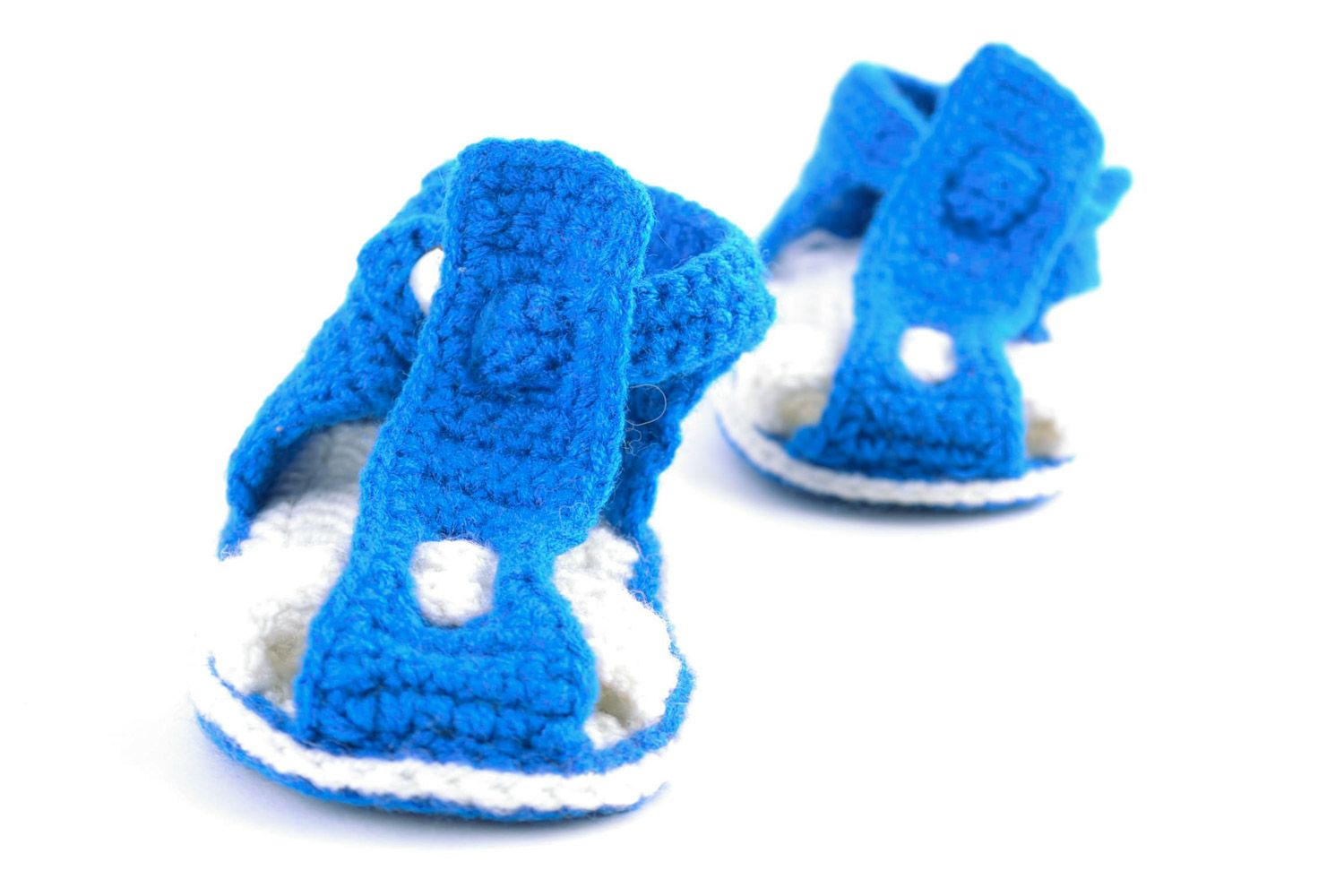 Beautiful handmade knitted baby booties of blue and white colors for boy photo 5
