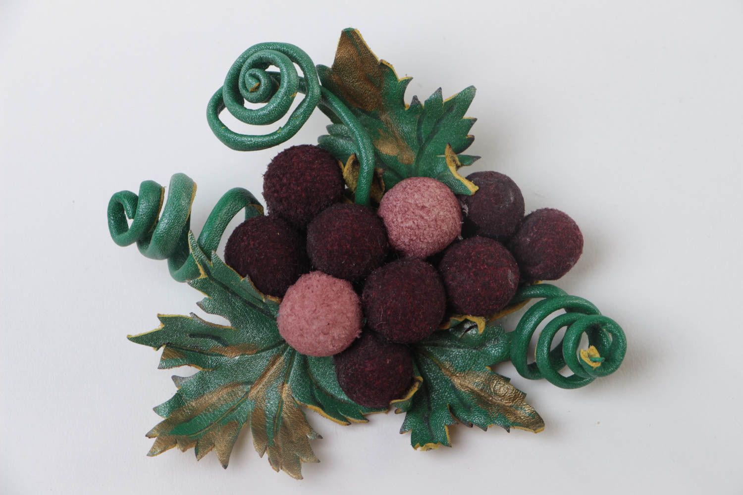Unusual volume handmade leather brooch for women Bunch of Grapes photo 2