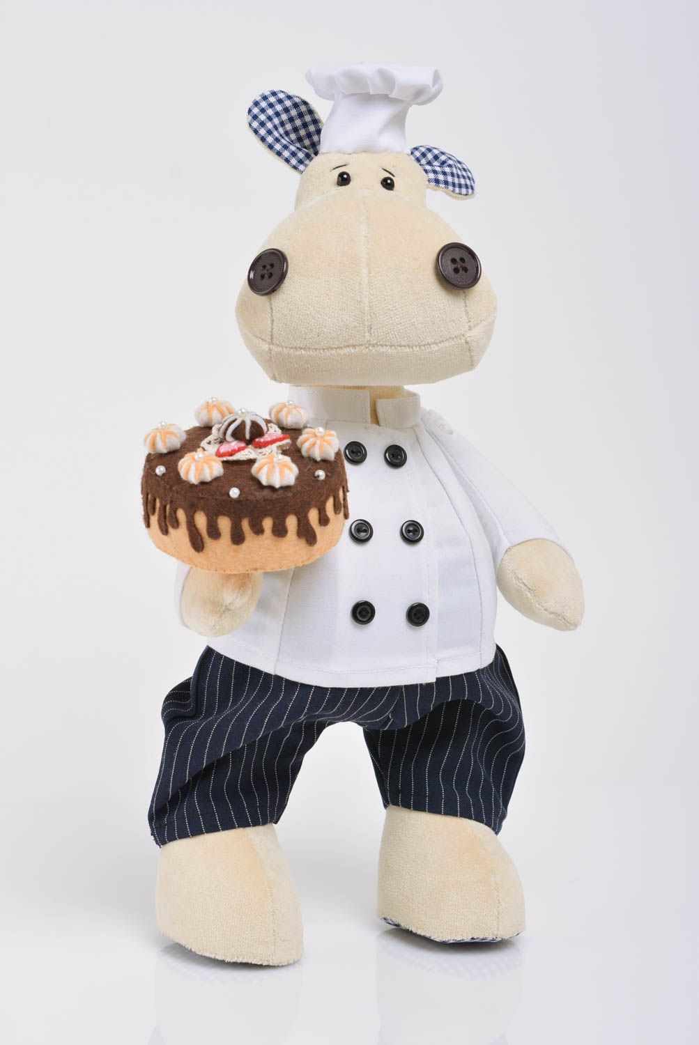 Handmade designer large fabric soft toy Hippo Chef with Chocolate Cake photo 1