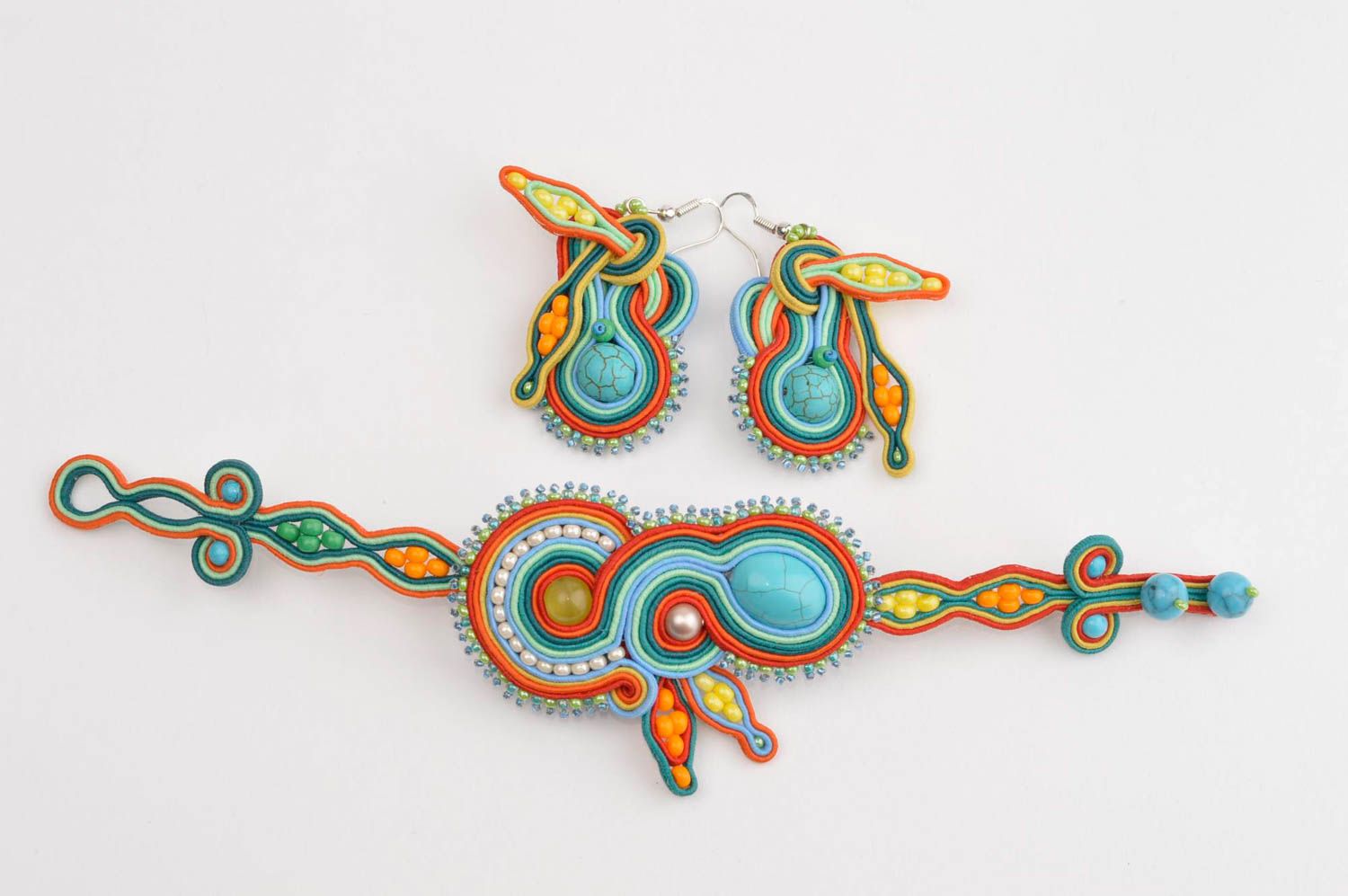 Unusual earrings handmade soutache bracelet designer jewelry set for women photo 2