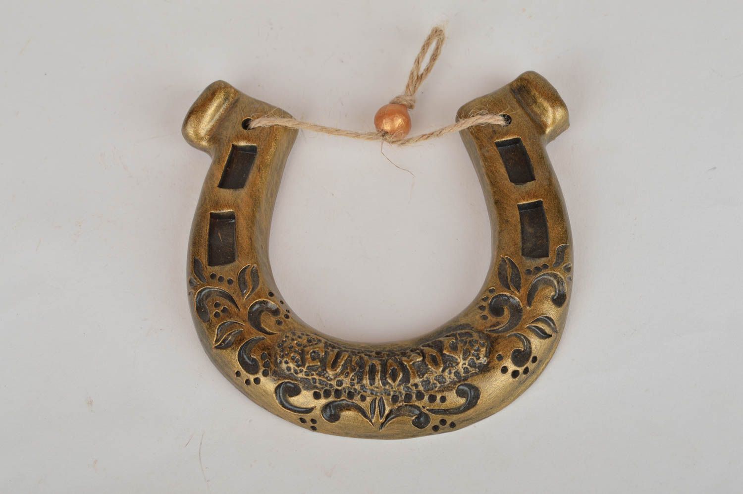 Beautiful homemade clay wall hanging horseshoe of gold color for good luck photo 5