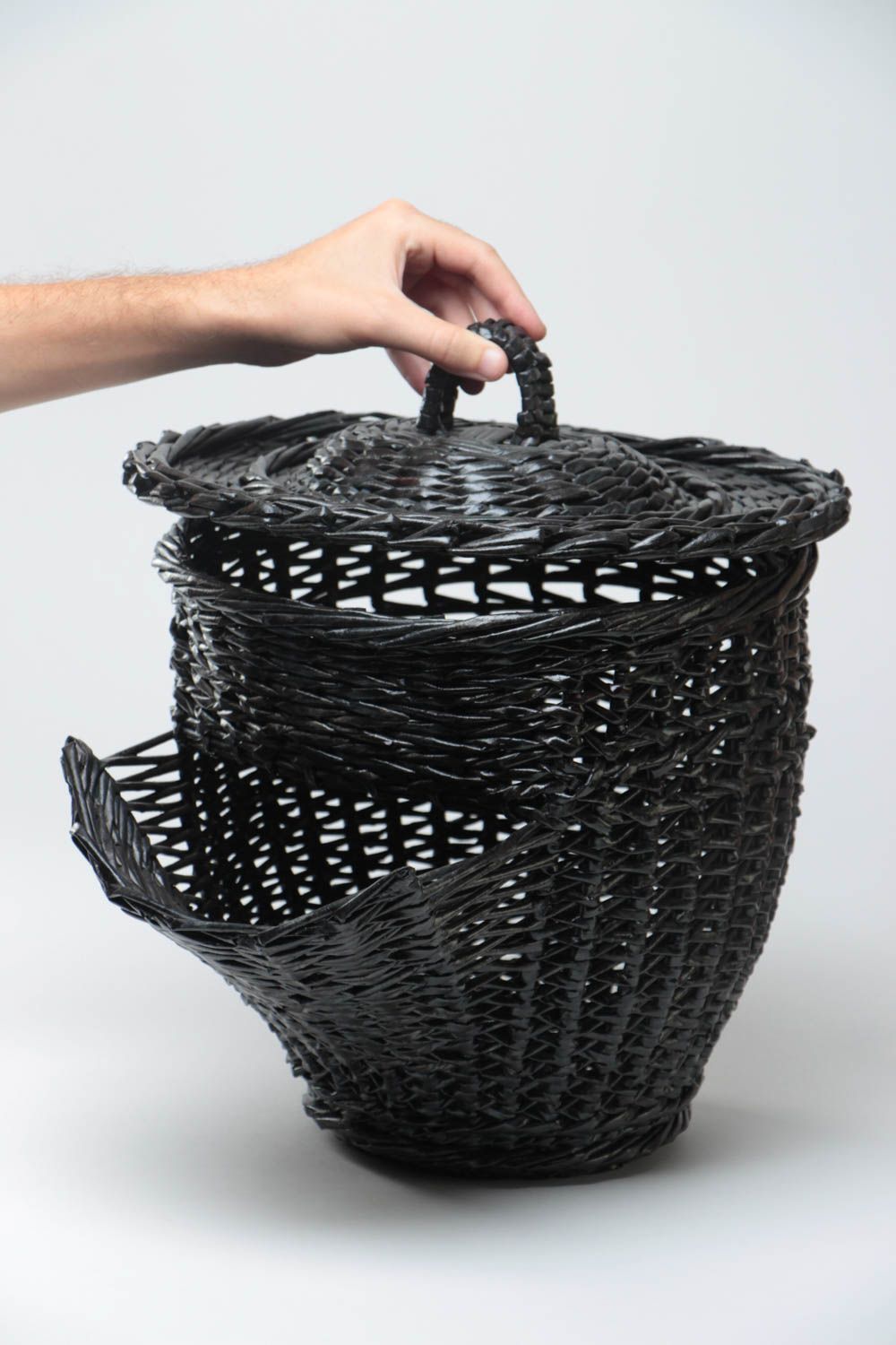 Handmade black decorative basket with lid woven of paper tubes of unusual shape photo 5