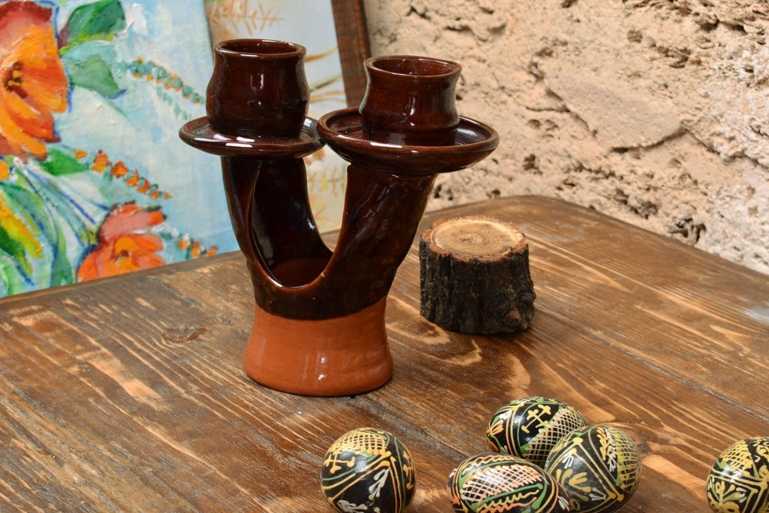 Bougeoir en terre cuite pour deux bougies original marron peint fait main photo 1