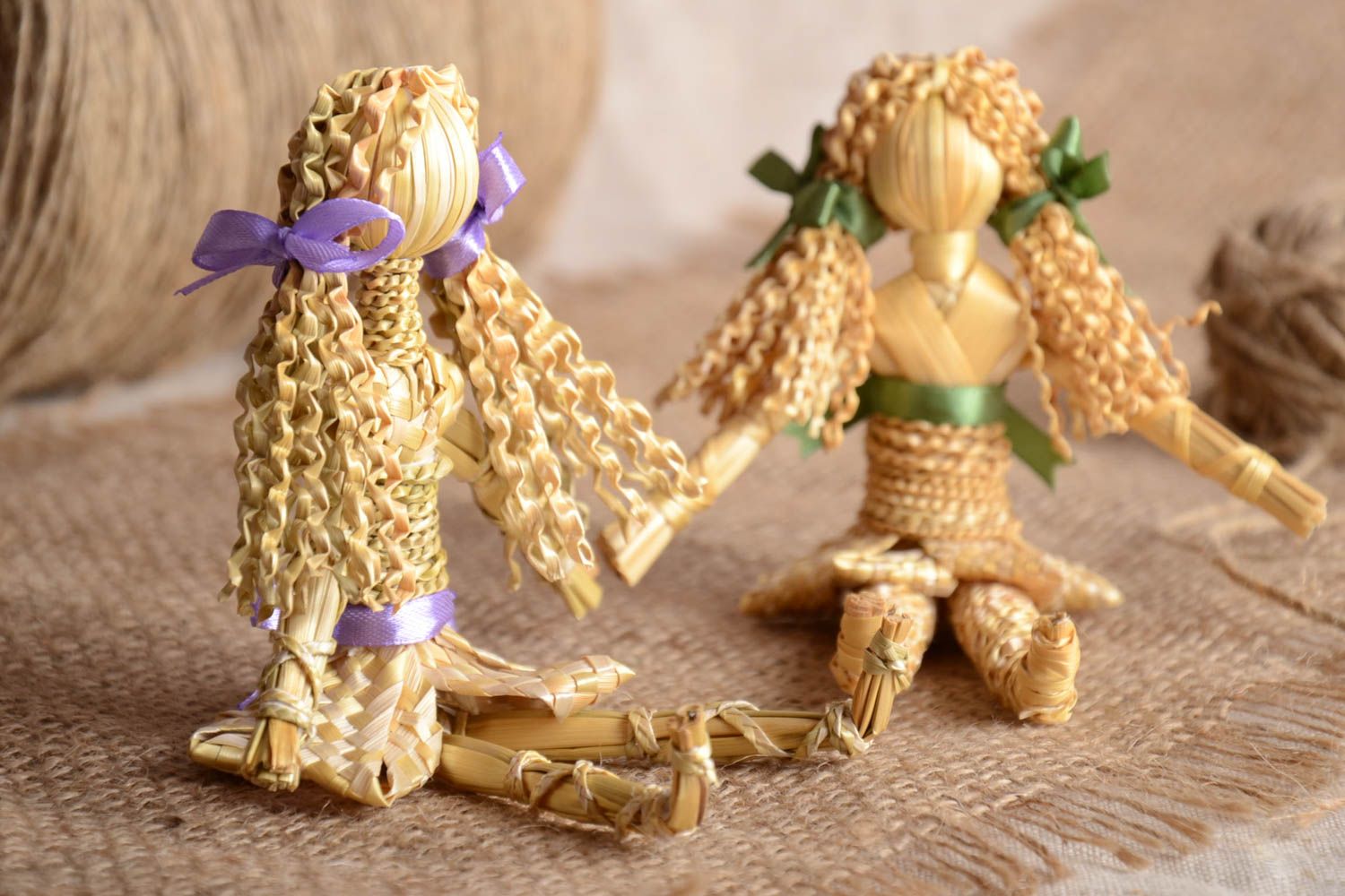 Woven handmade dolls unusual interior decor stylish toys made of straw 2 pieces photo 1
