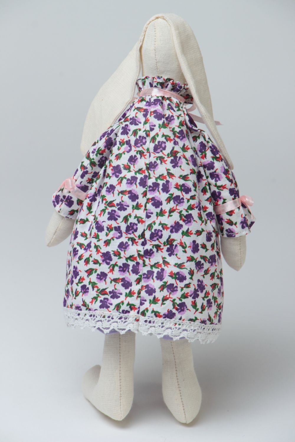 Handmade small fabric soft toy rabbit girl in dress with violet floral pattern photo 4