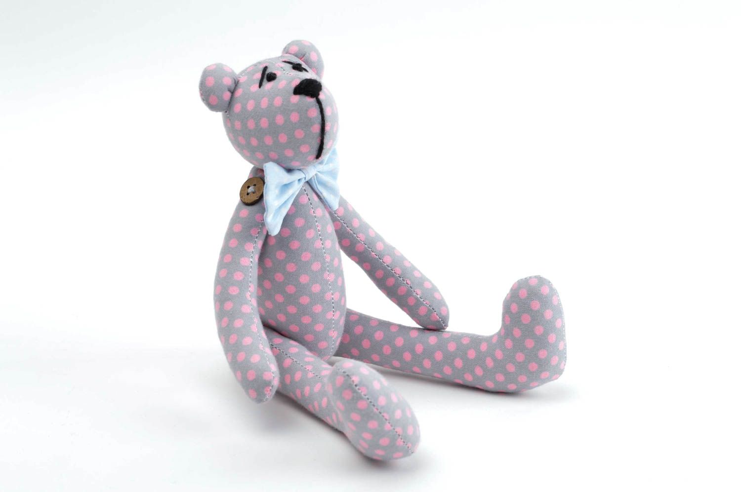 Jouet ours gris à pois rose Peluche faite main en coton Cadeau pour enfant photo 2