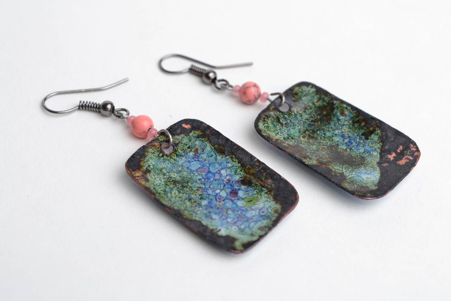 Handmade designer rectangular enameled copper dangling earrings Violet Cats photo 5