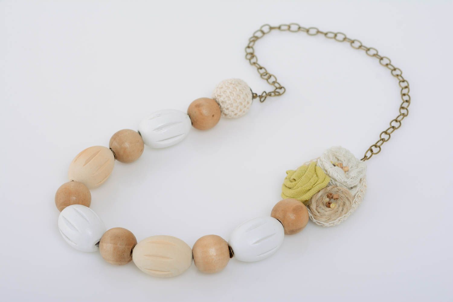 Handmade designer light wooden bead necklace on chain with fabric flowers photo 1