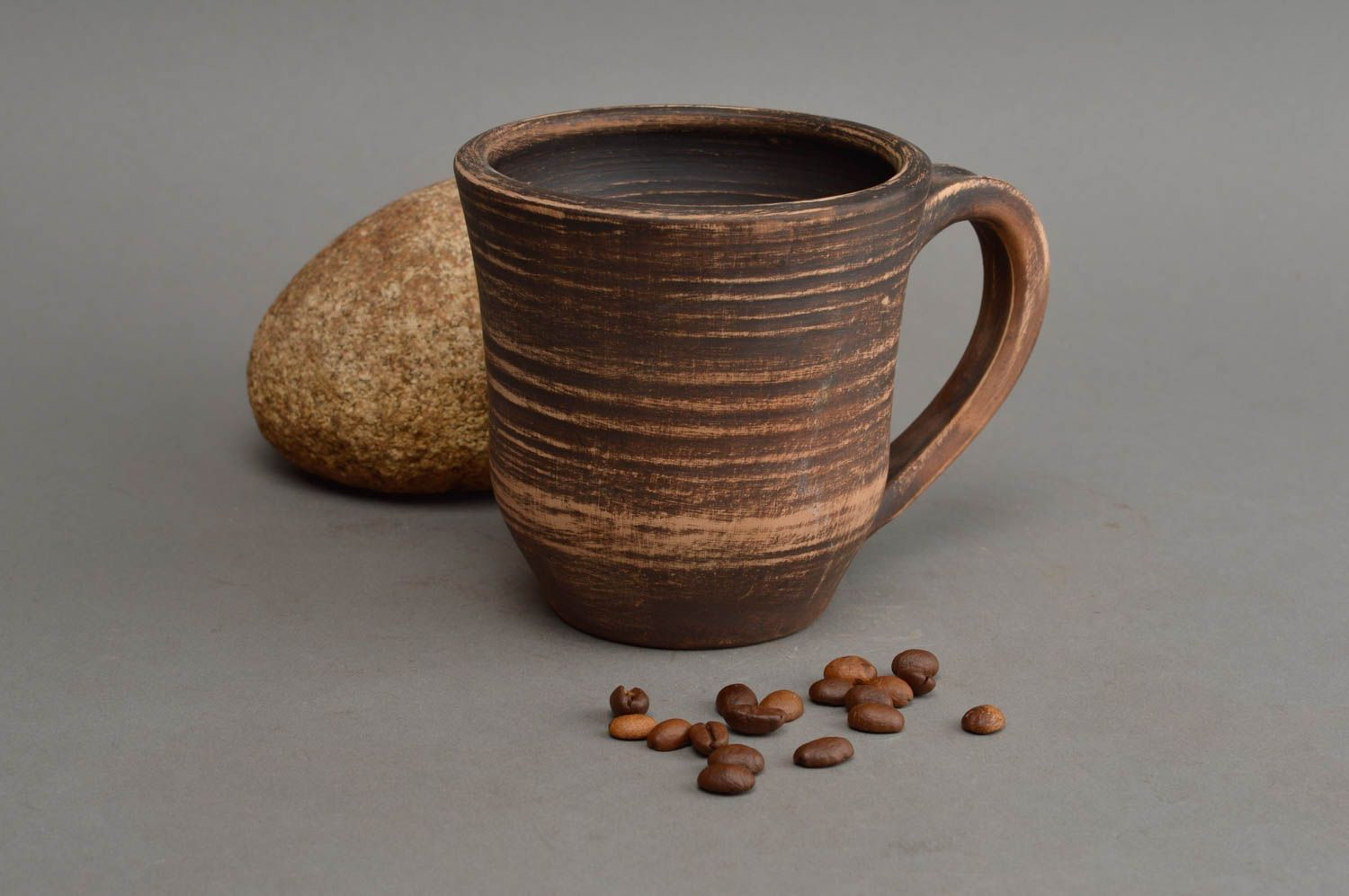 8 oz unglazed natural clay coffee cup in brown color with handle photo 1