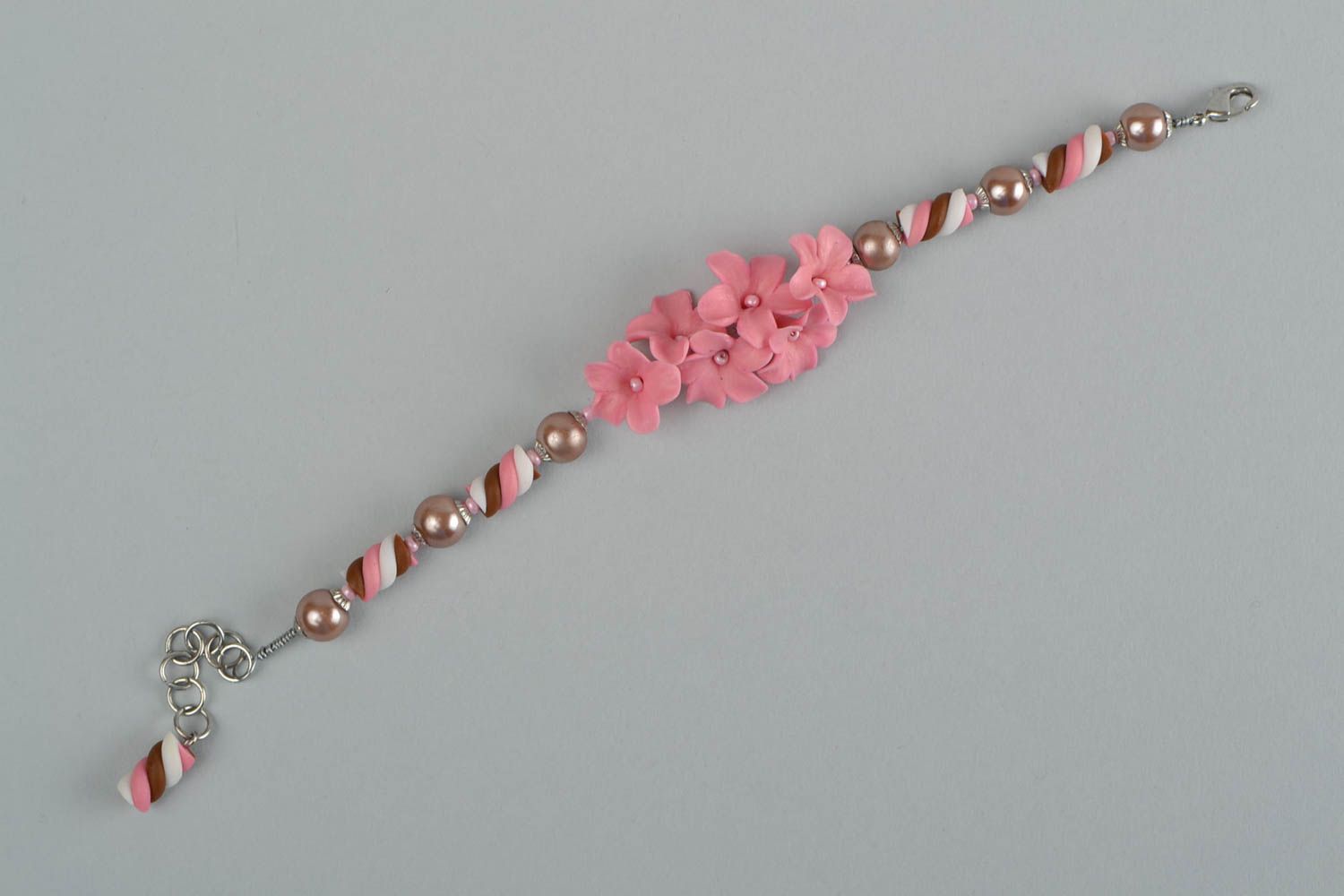 Women's handmade designer polymer clay flower bracelet with pink lilac flowers photo 4