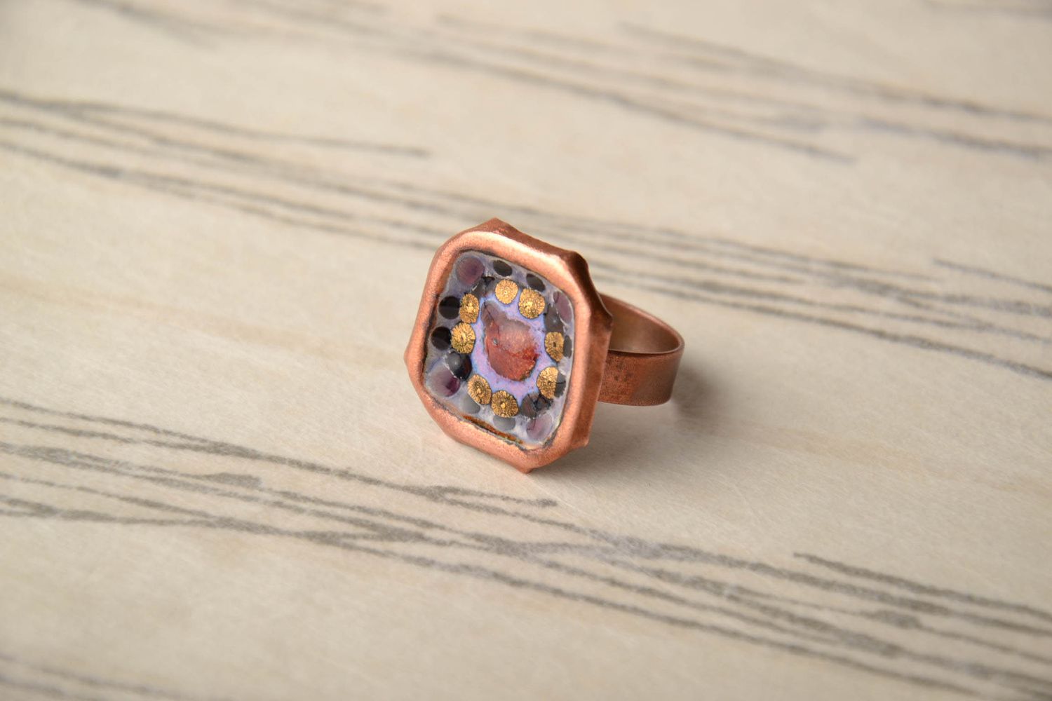 Handmade copper ring with enamel photo 1
