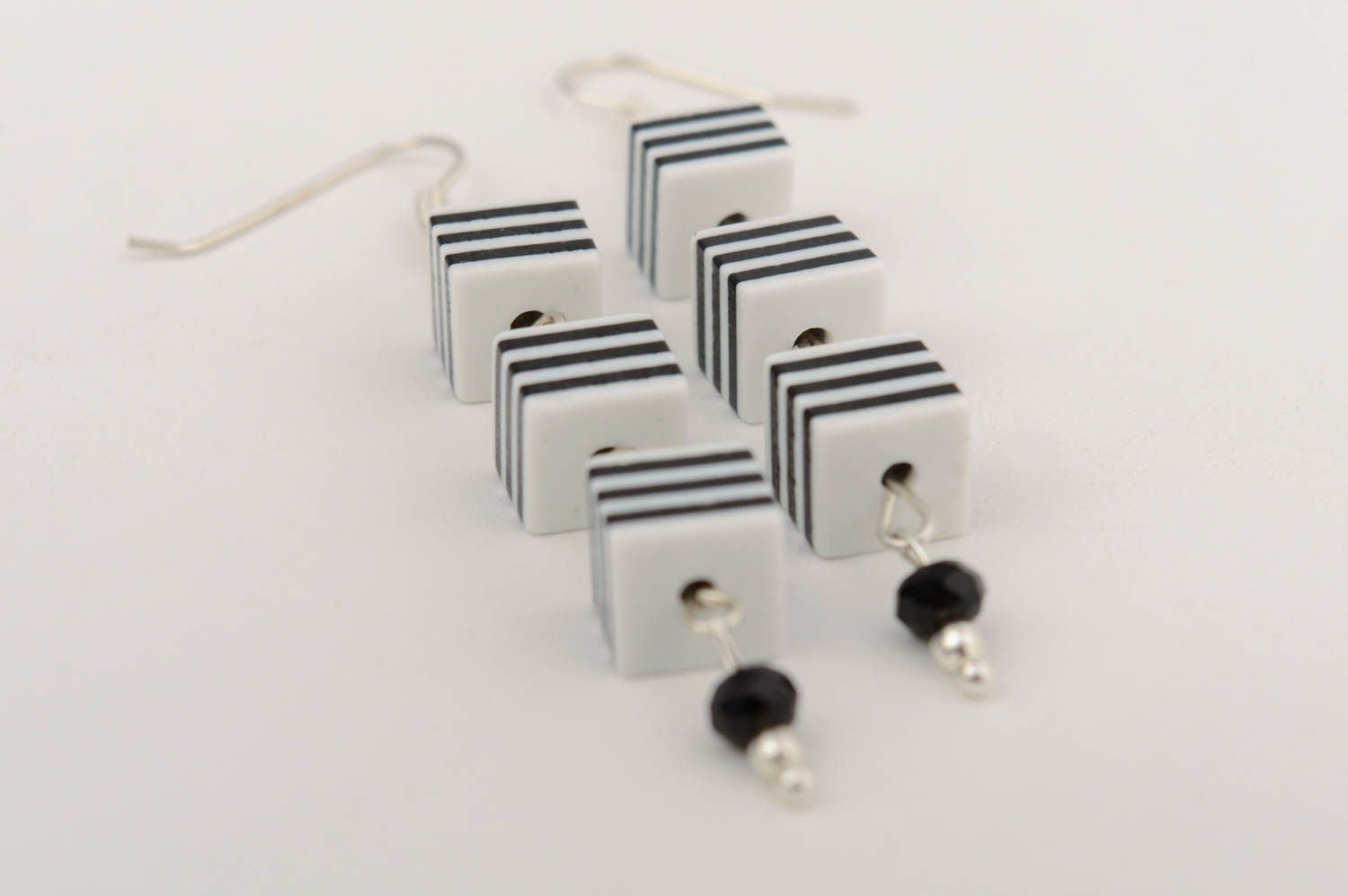 Handmade long dangle striped white and black polymer clay earrings photo 3
