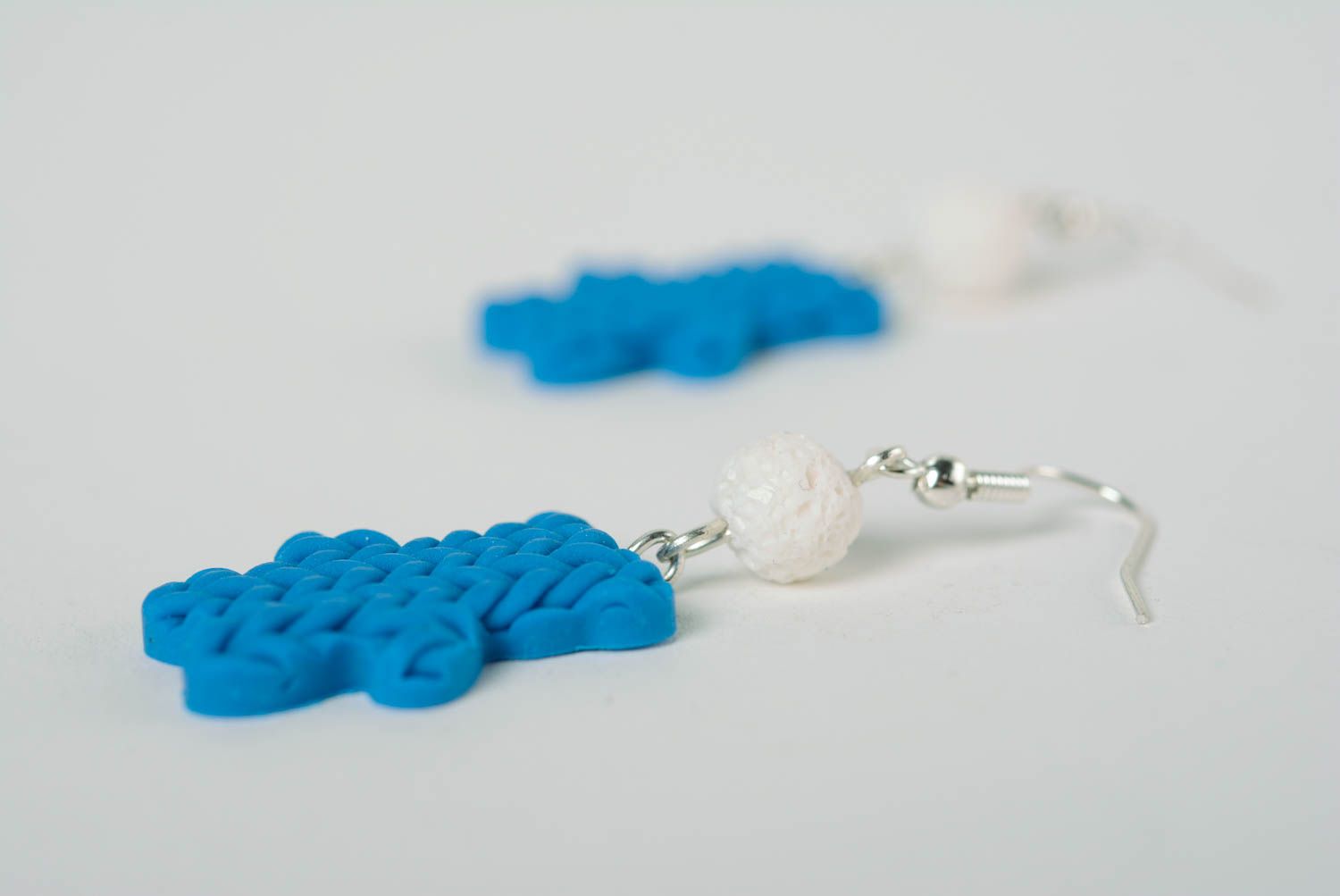 Handmade blue polymer clay dangling earrings with imitation of knitting Bears photo 5