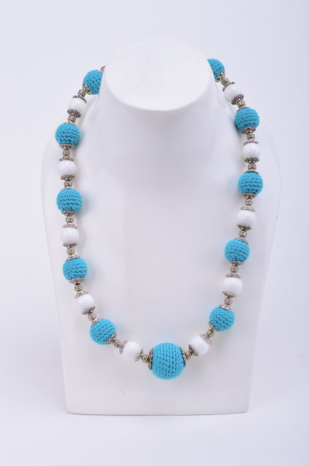 Handmade designer women's white and blue necklace with crochet over beads photo 1