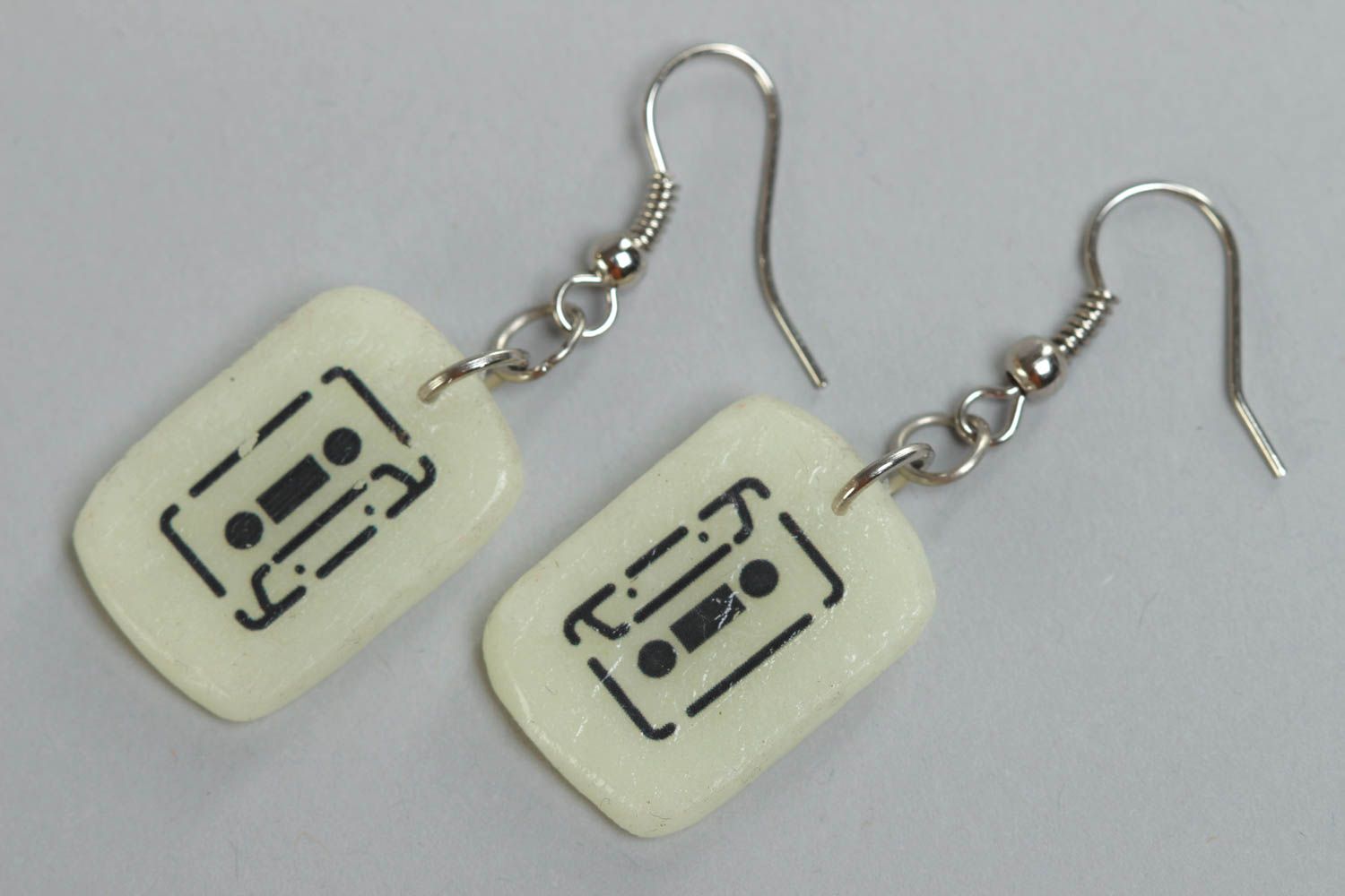 Handmade white earrings made of polymer clay Cassettes designer accessory photo 2