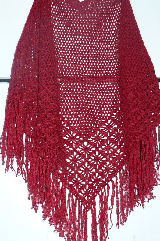 Écharpe tricotée au crochet ajourée rouge grande en mi-laine faite main femme photo 3