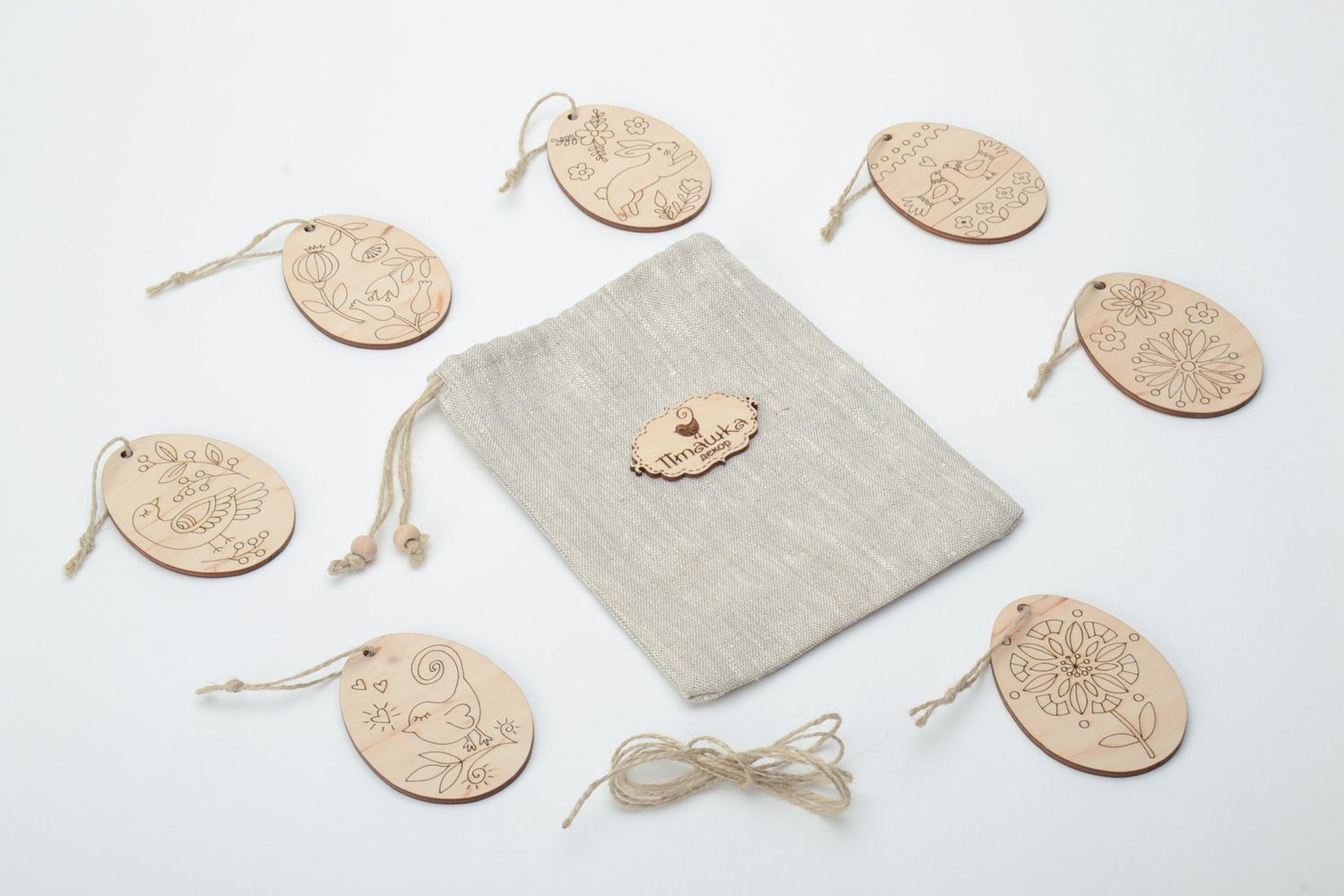 Set de formes en bois 7 pièces à décorer faites main avec petit sac Oeufs photo 2